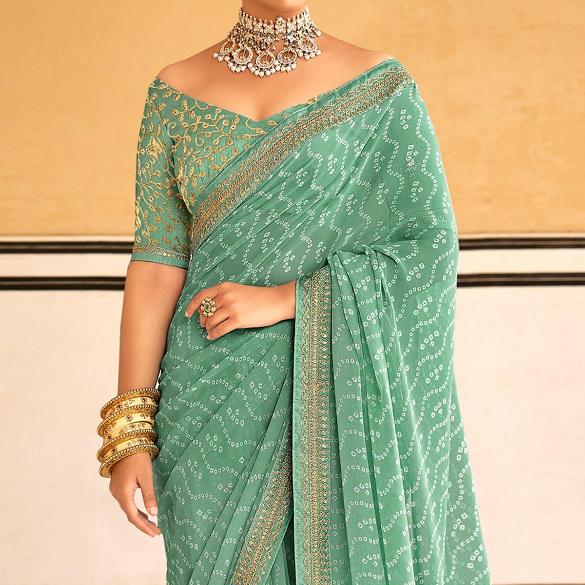 Sea Green Bandhani Printed Georgette Saree - Peachmode