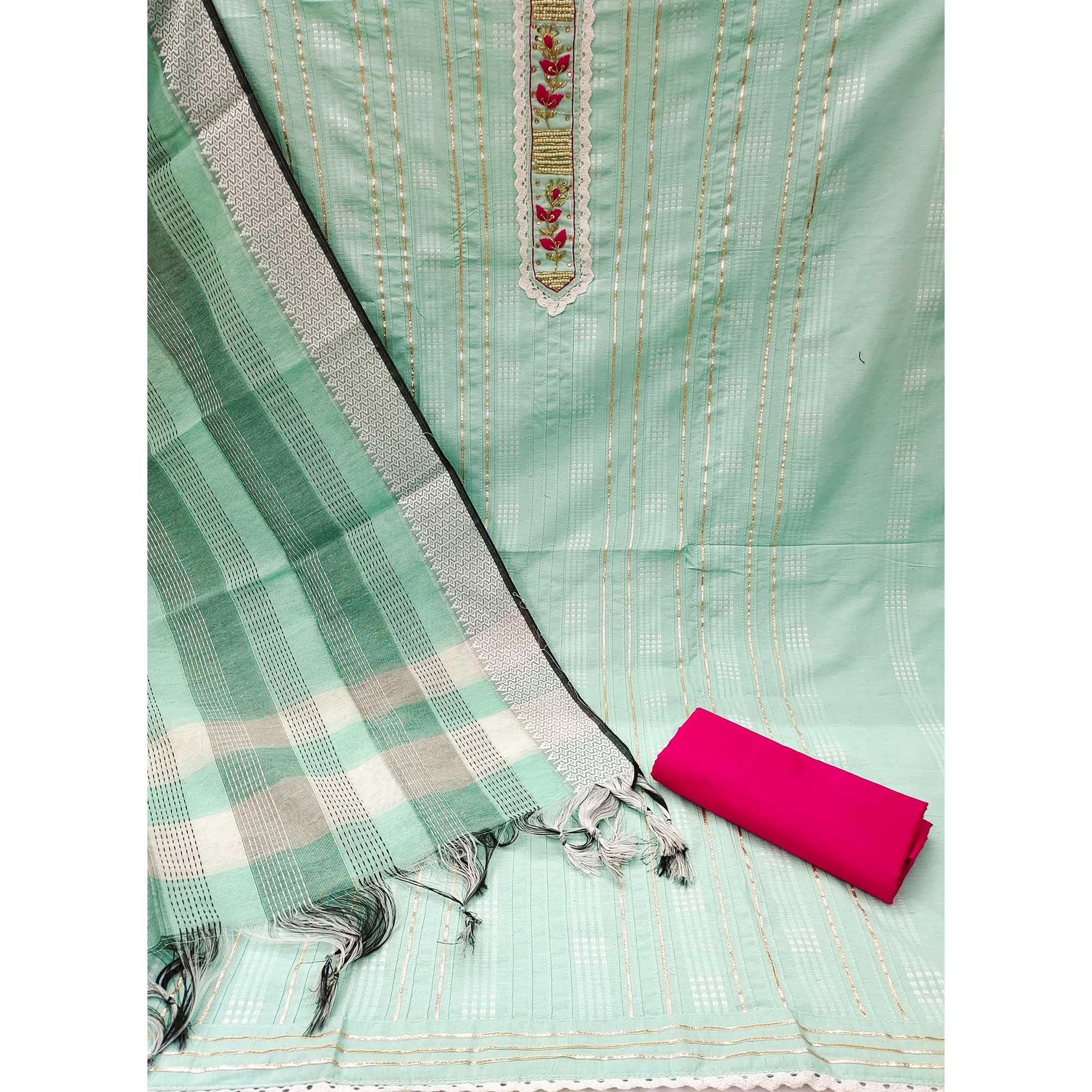 Sea Green Bandhani Printed With Embellished Poly Cotton Dress Material - Peachmode