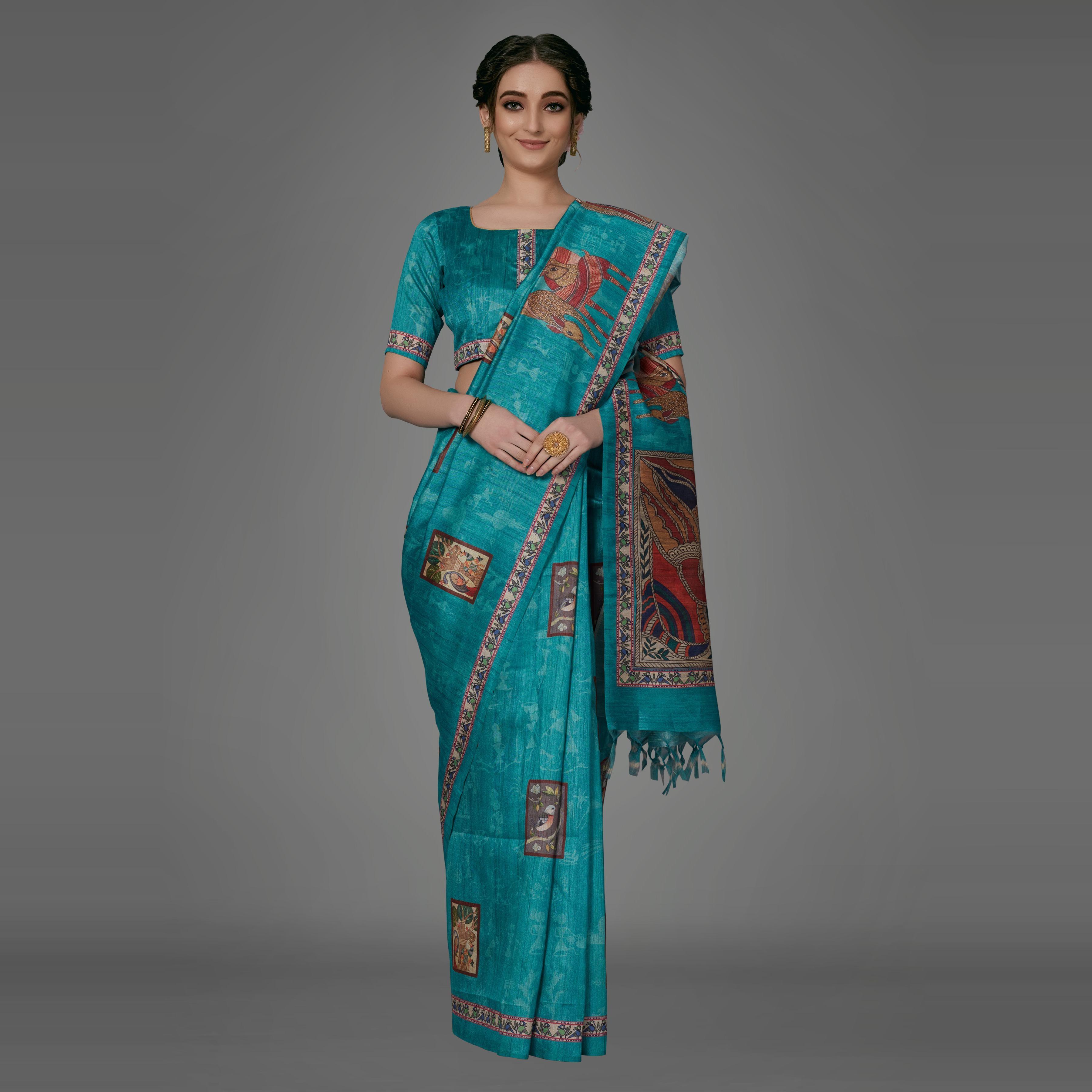 Sea Green Casual Art Silk Printed Saree With Unstitched Blouse - Peachmode
