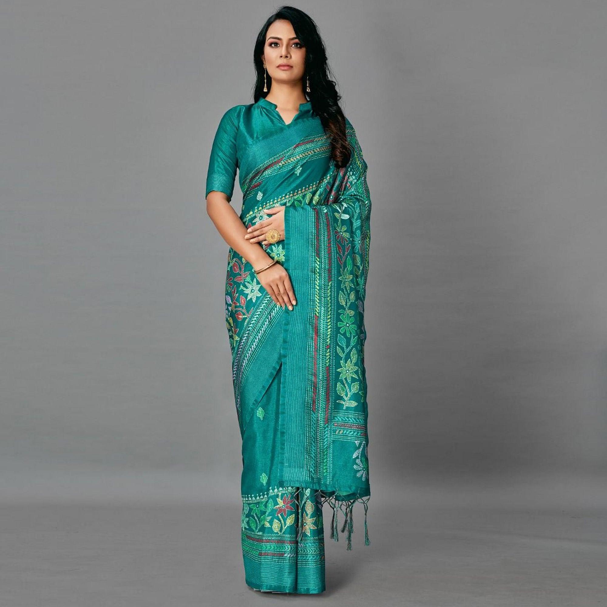 Sea Green Casual Art Silk Printed Saree With Unstitched Blouse - Peachmode