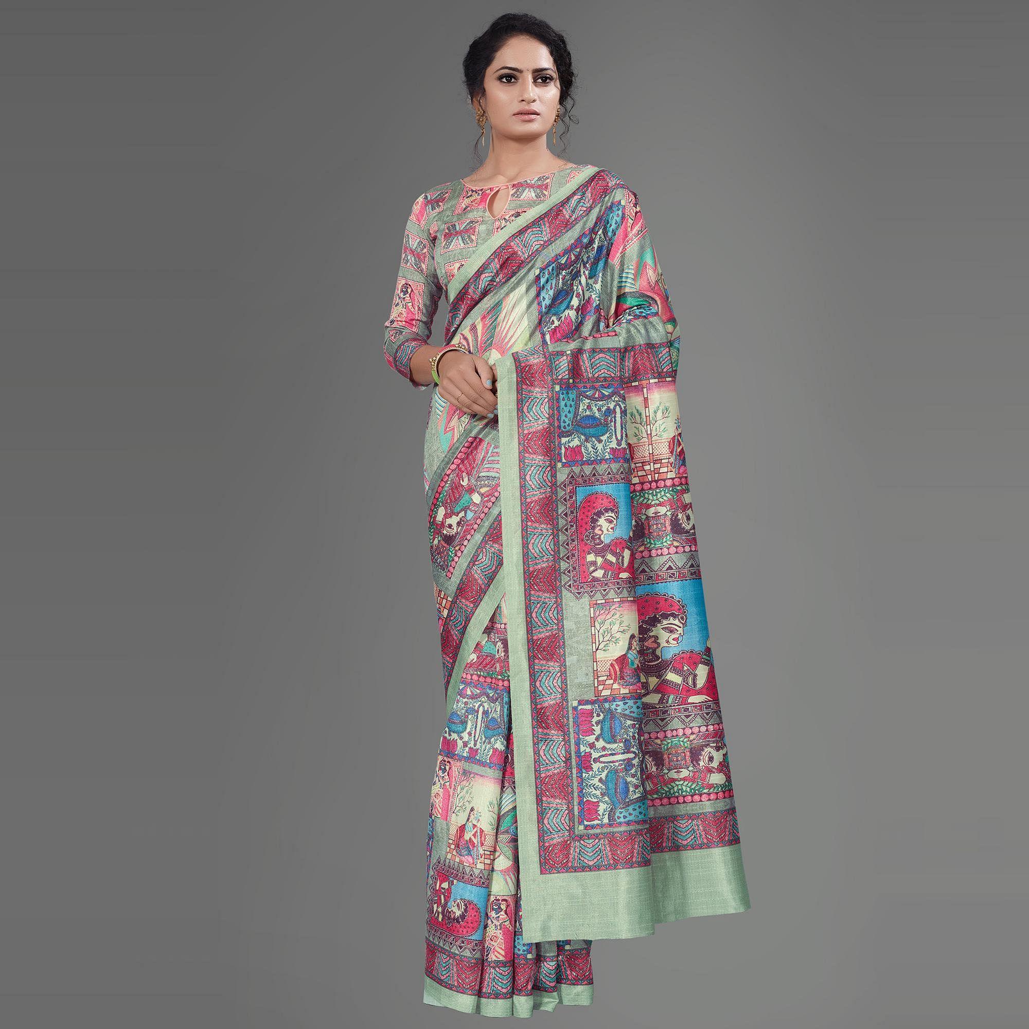 Sea Green  Casual Art Silk Printed Saree With Unstitched Blouse - Peachmode