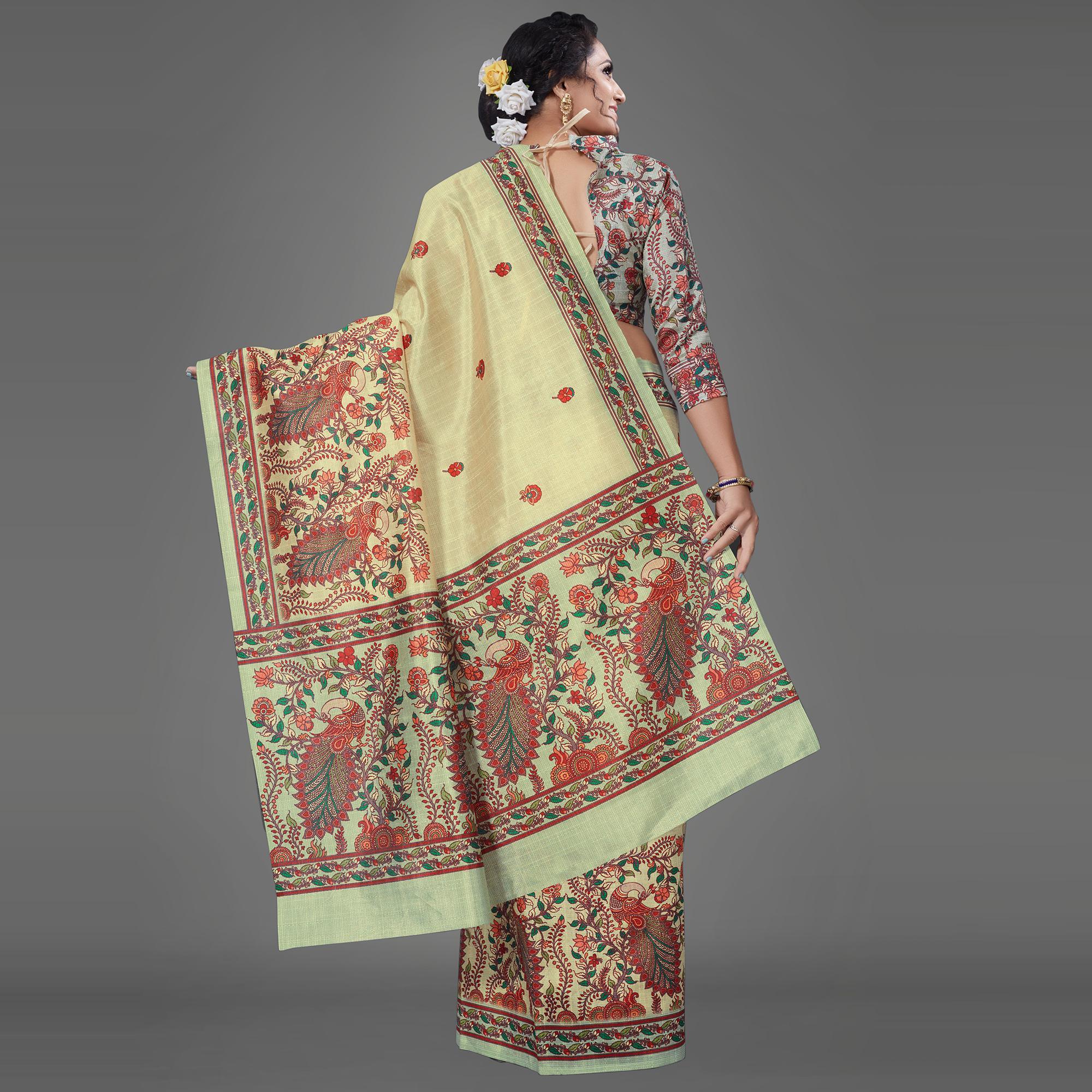 Sea Green Casual Art Silk Printed Saree With Unstitched Blouse - Peachmode