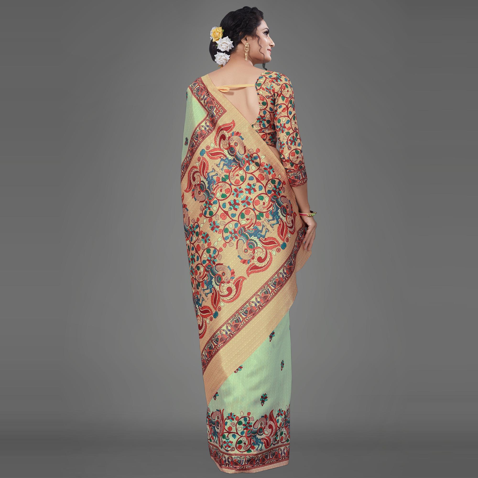 Sea Green Casual Art Silk Printed Saree With Unstitched Blouse - Peachmode