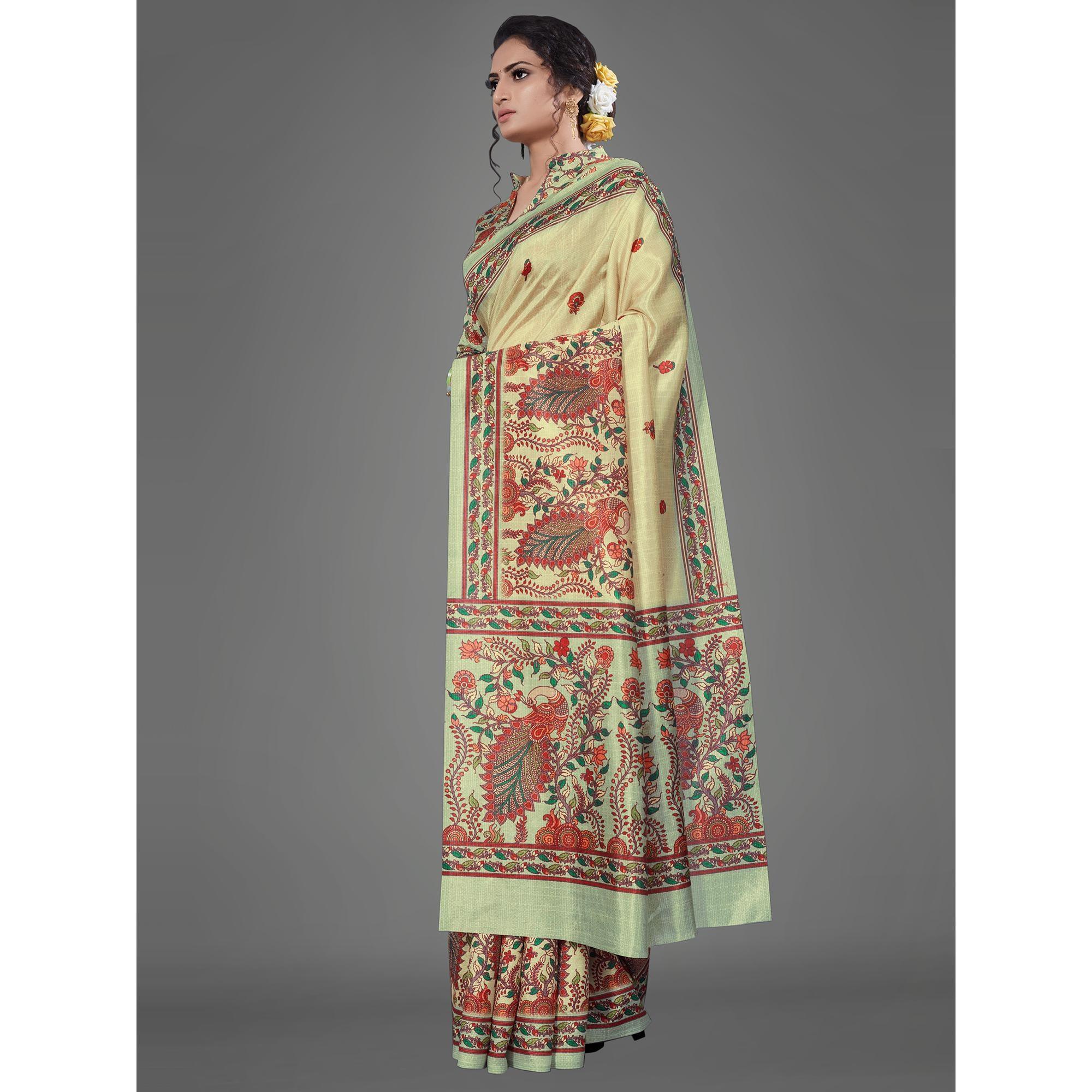 Sea Green Casual Art Silk Printed Saree With Unstitched Blouse - Peachmode