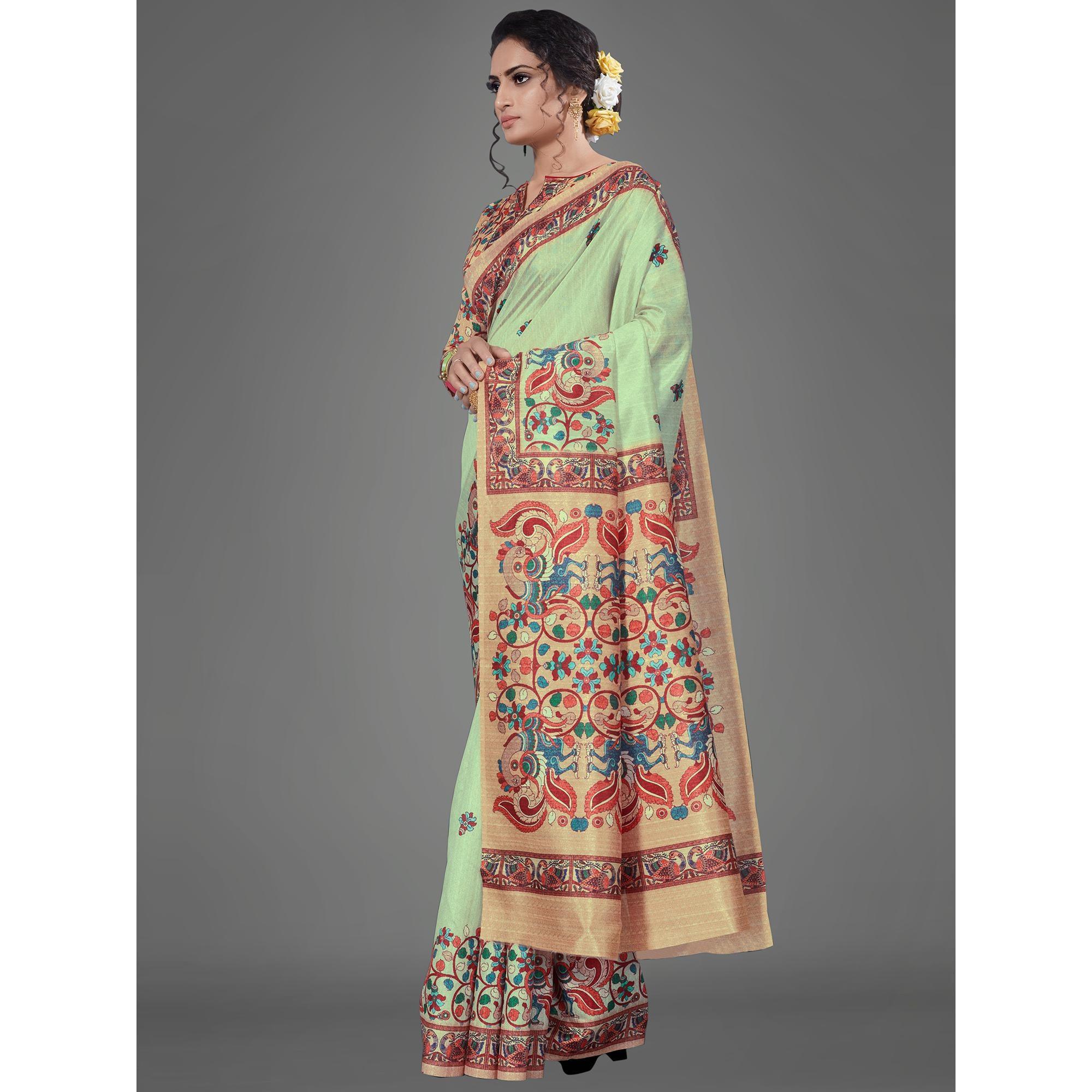Sea Green Casual Art Silk Printed Saree With Unstitched Blouse - Peachmode