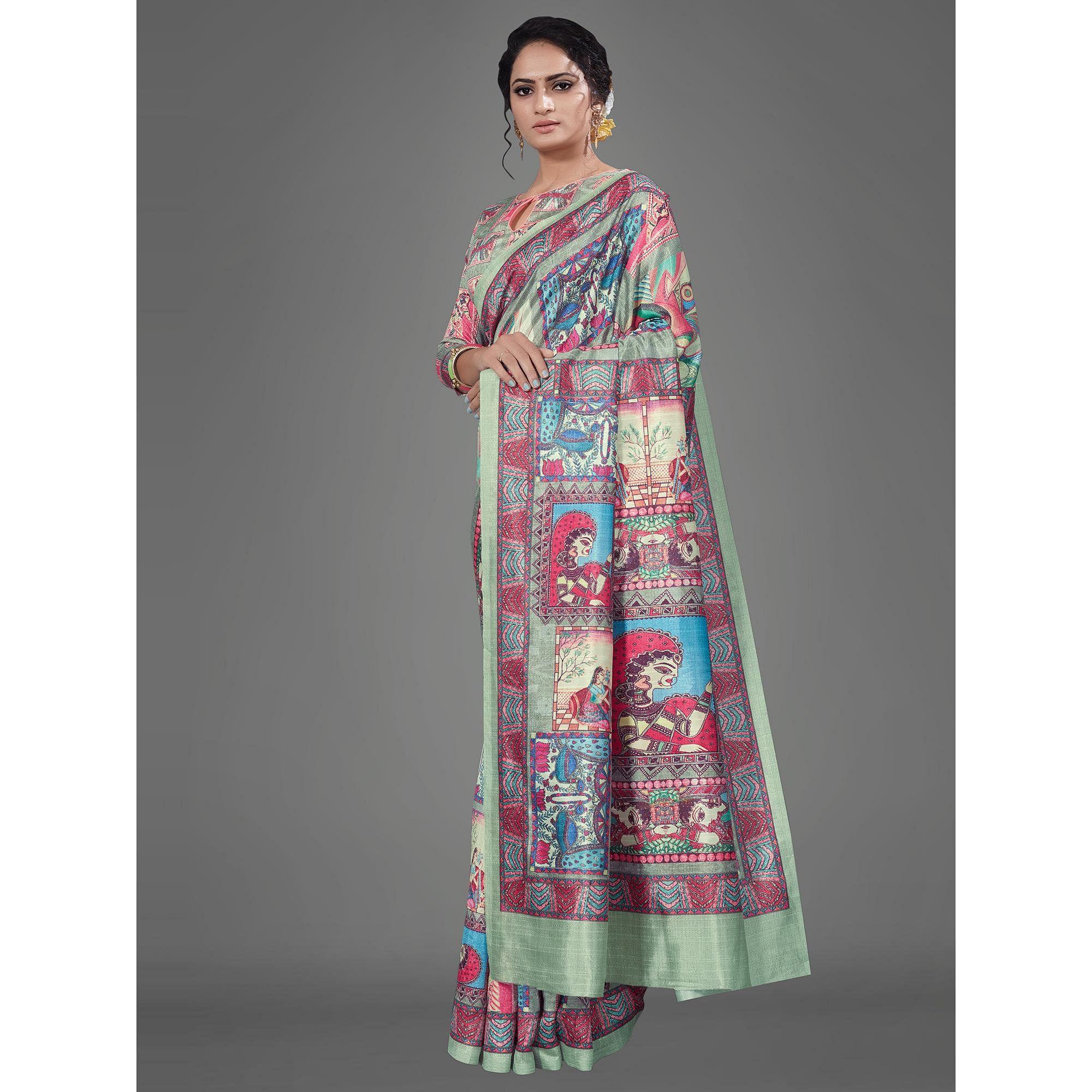 Sea Green  Casual Art Silk Printed Saree With Unstitched Blouse - Peachmode