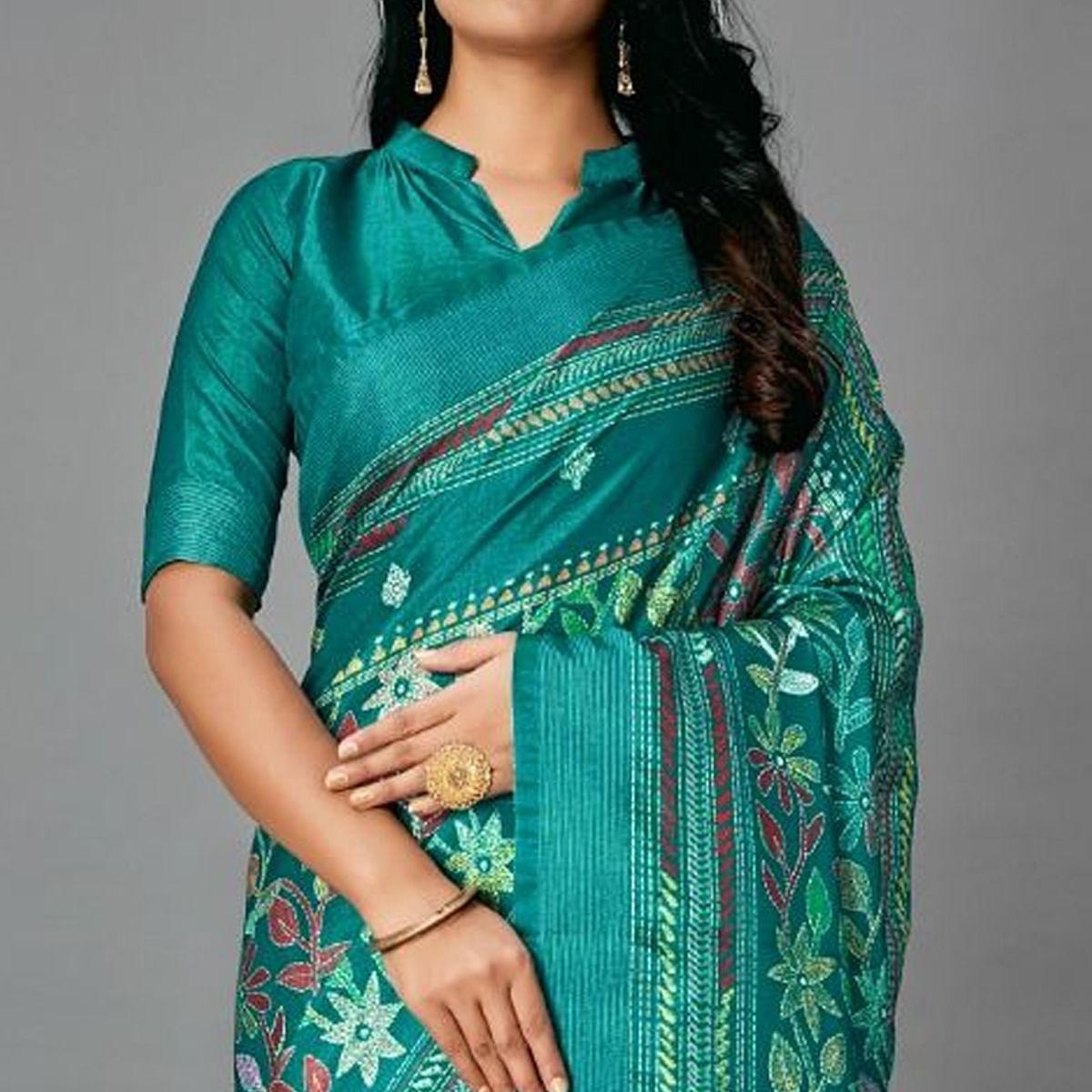 Sea Green Casual Art Silk Printed Saree With Unstitched Blouse - Peachmode