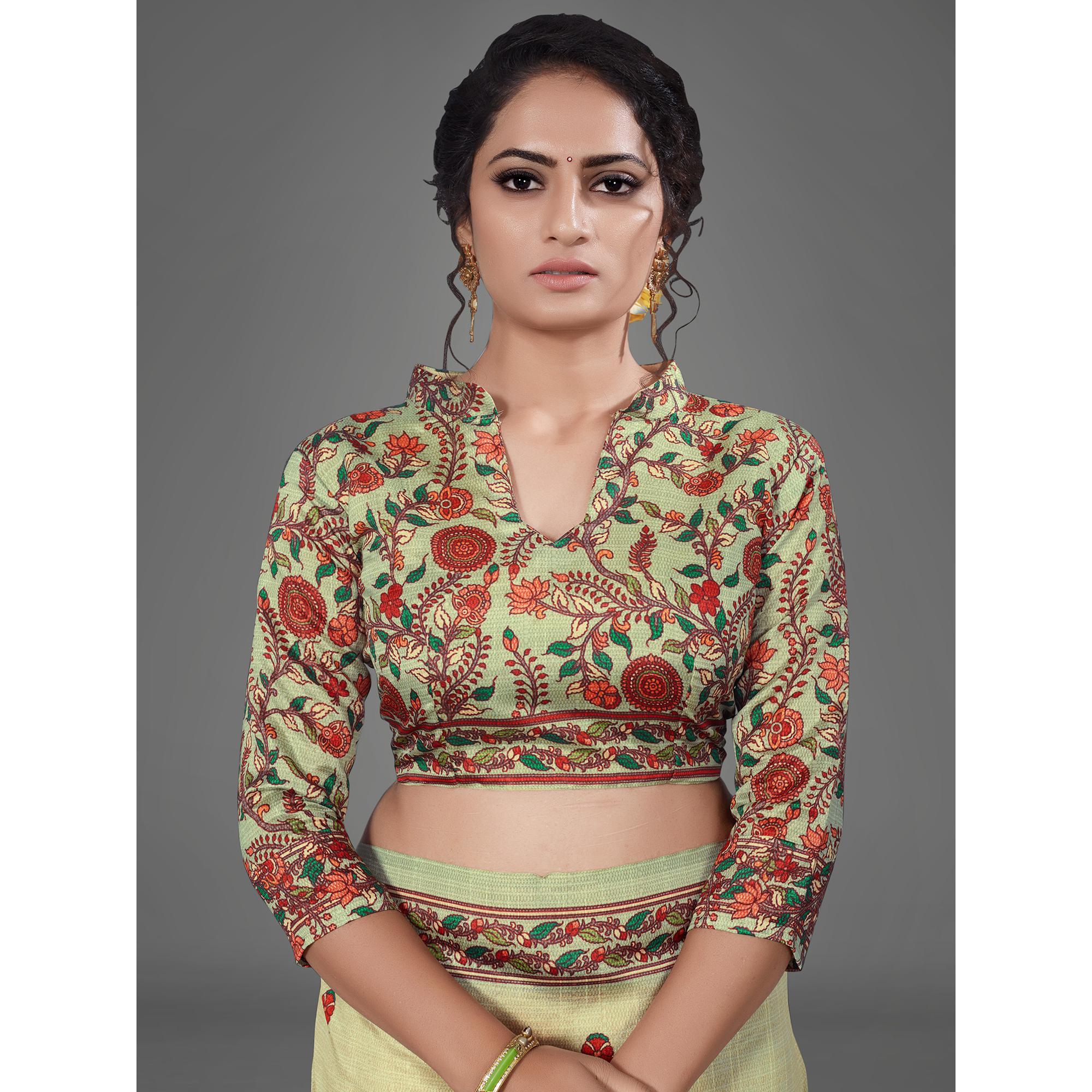 Sea Green Casual Art Silk Printed Saree With Unstitched Blouse - Peachmode