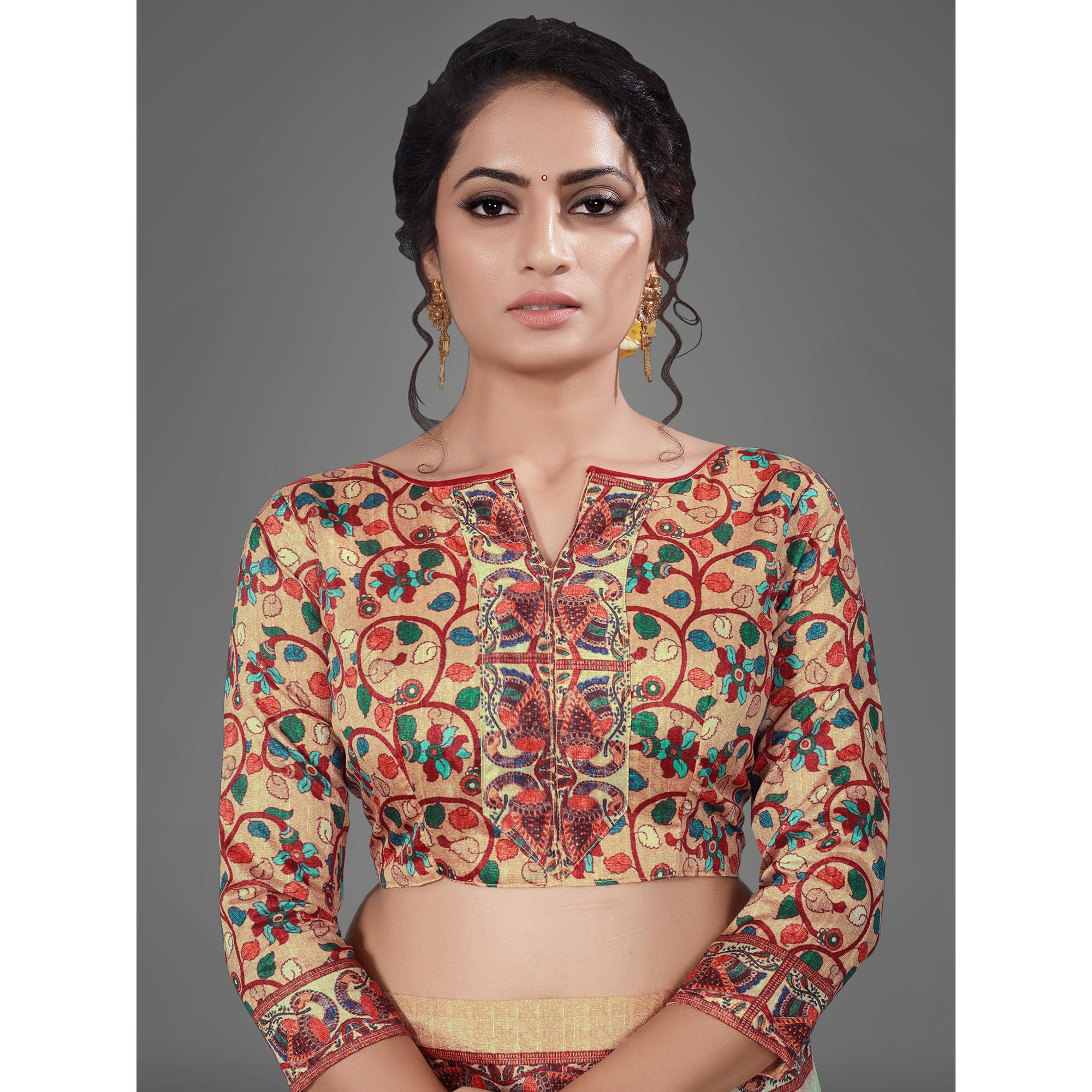 Sea Green Casual Art Silk Printed Saree With Unstitched Blouse - Peachmode