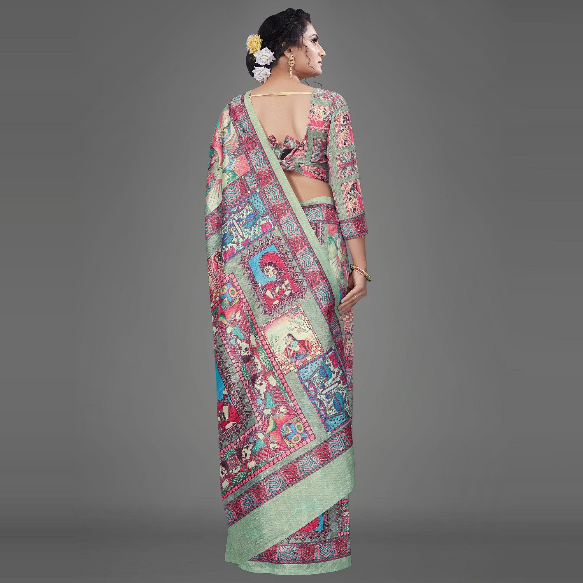 Sea Green  Casual Art Silk Printed Saree With Unstitched Blouse - Peachmode