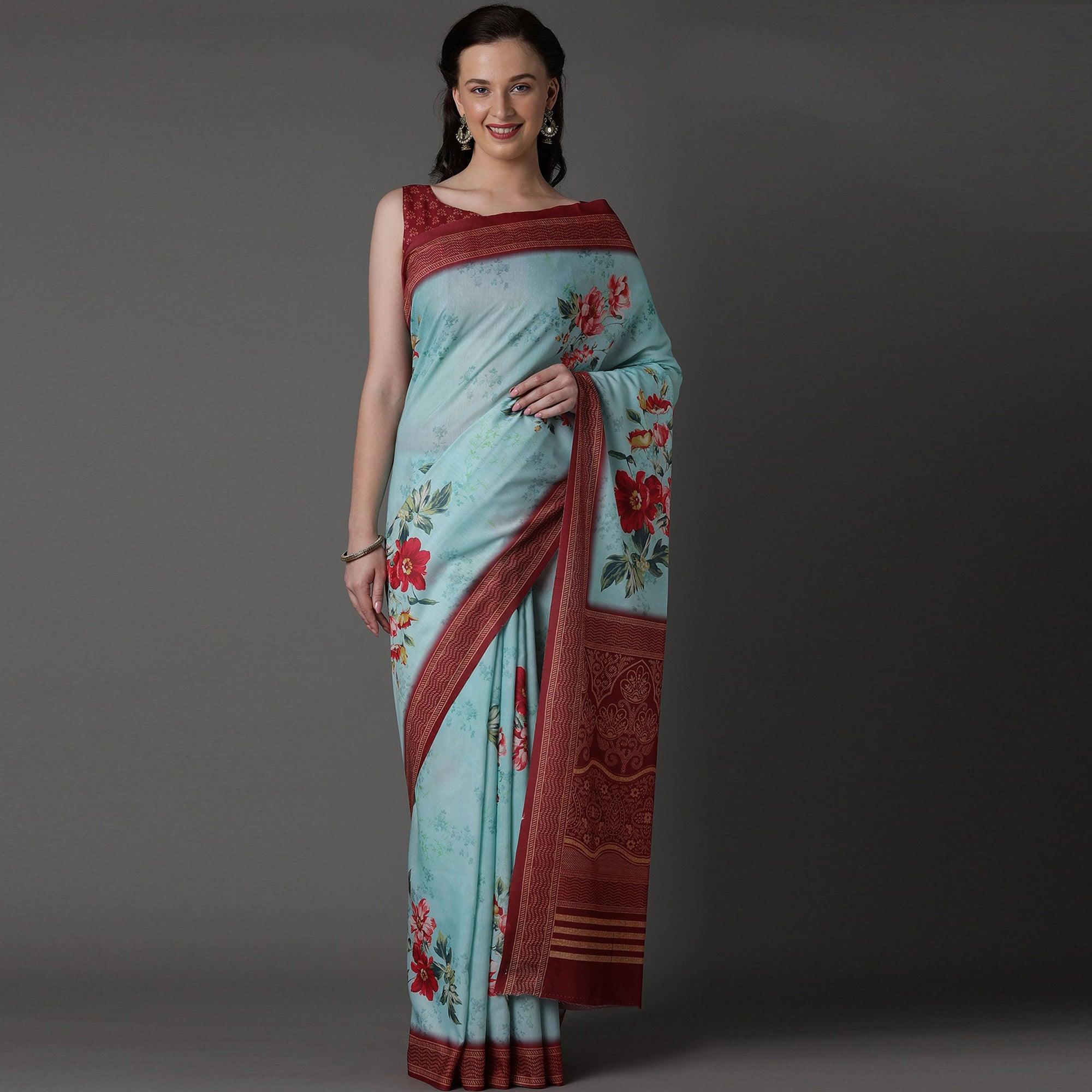Sea Green Casual Cotton Silk Printed Saree With Unstitched Blouse - Peachmode