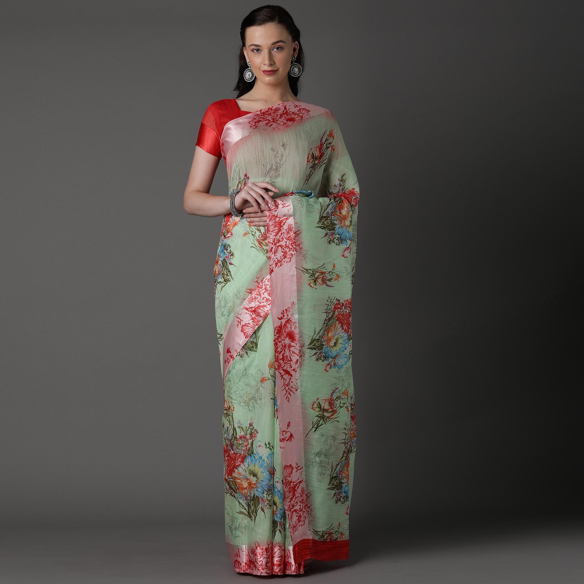 Sea Green Casual Cotton Silk with Satin Patta Printed Saree With Unstitched Blouse - Peachmode