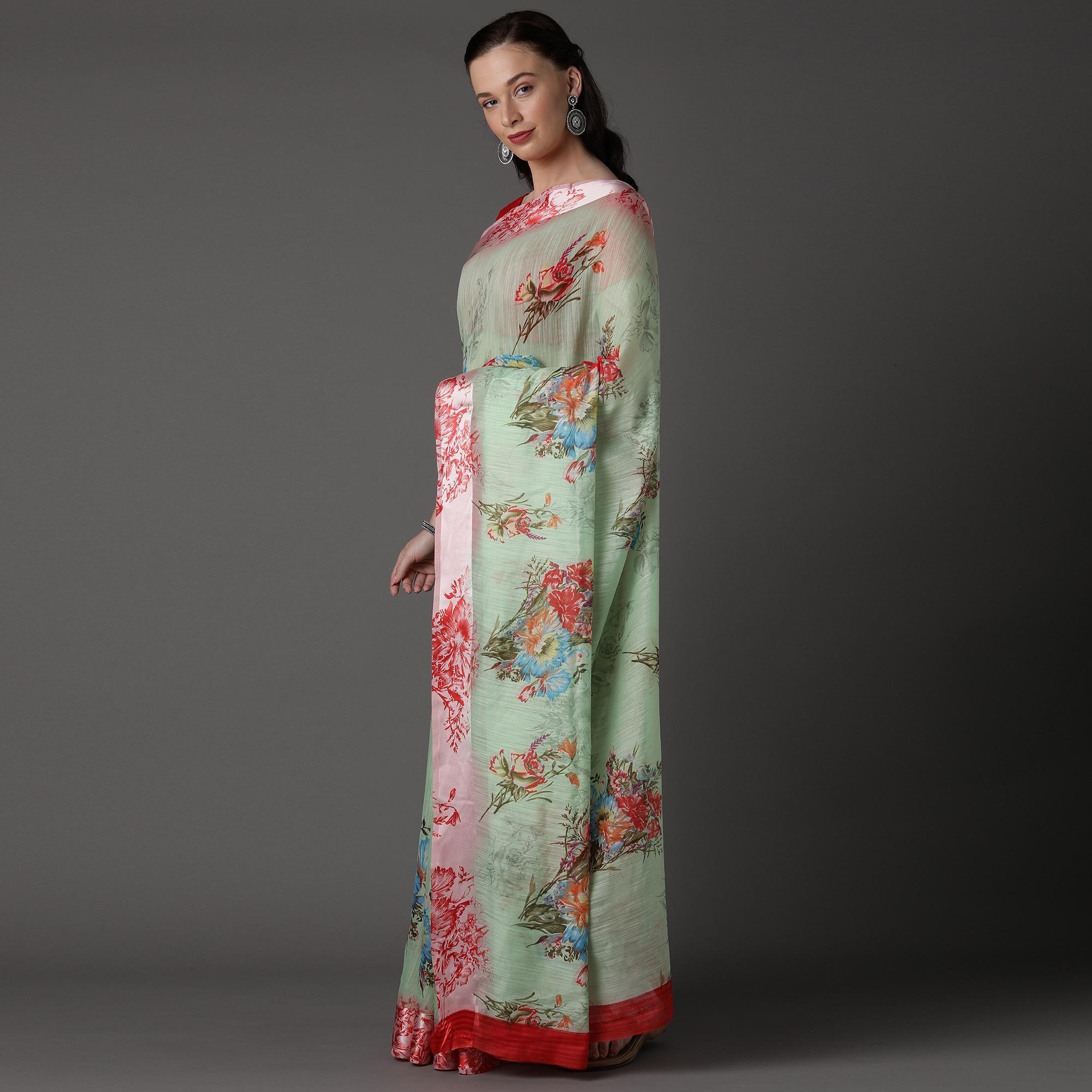 Sea Green Casual Cotton Silk with Satin Patta Printed Saree With Unstitched Blouse - Peachmode
