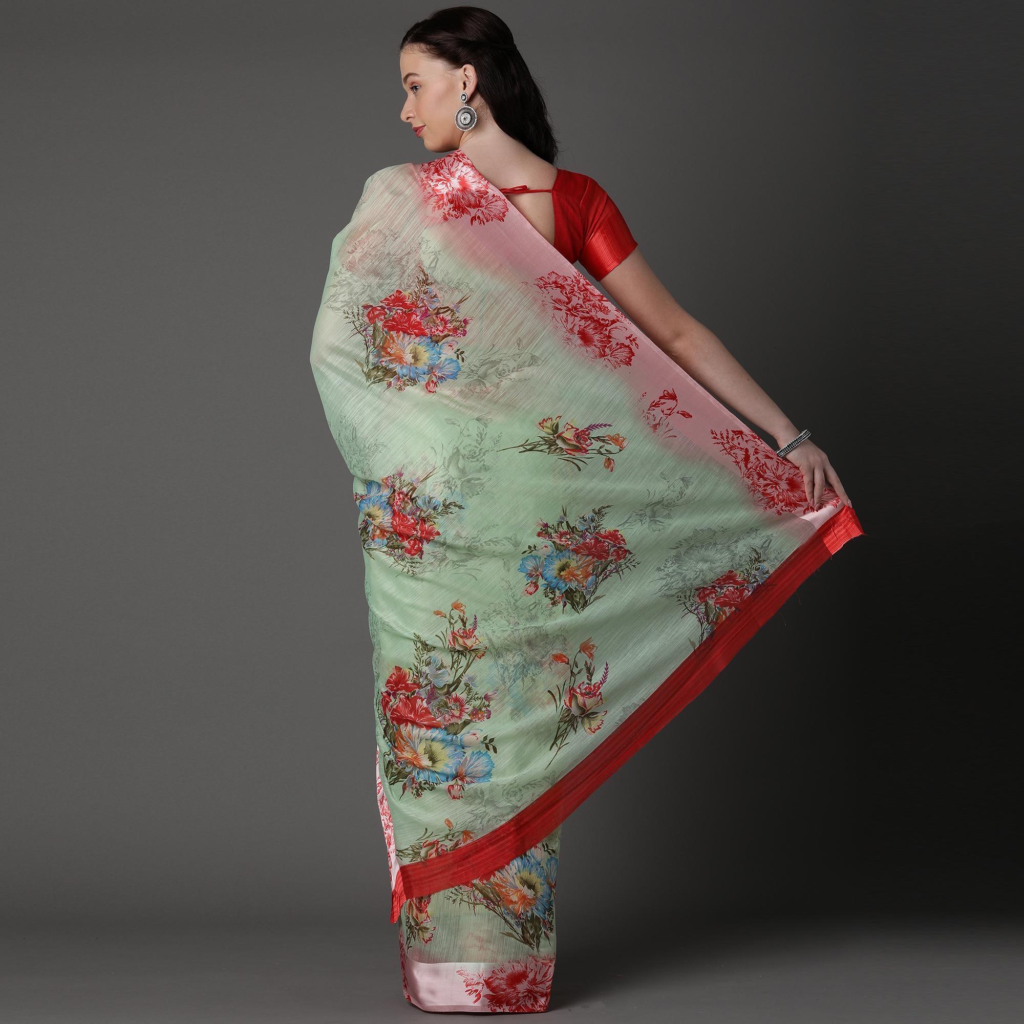 Sea Green Casual Cotton Silk with Satin Patta Printed Saree With Unstitched Blouse - Peachmode