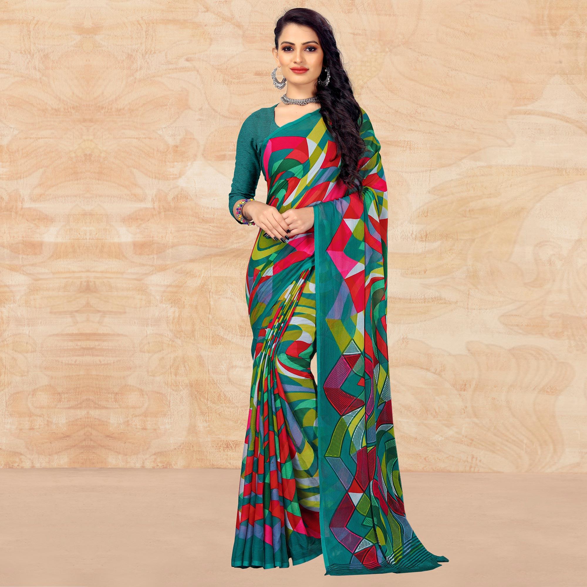 Sea Green Casual Wear Abstract Printed Chiffon Saree - Peachmode