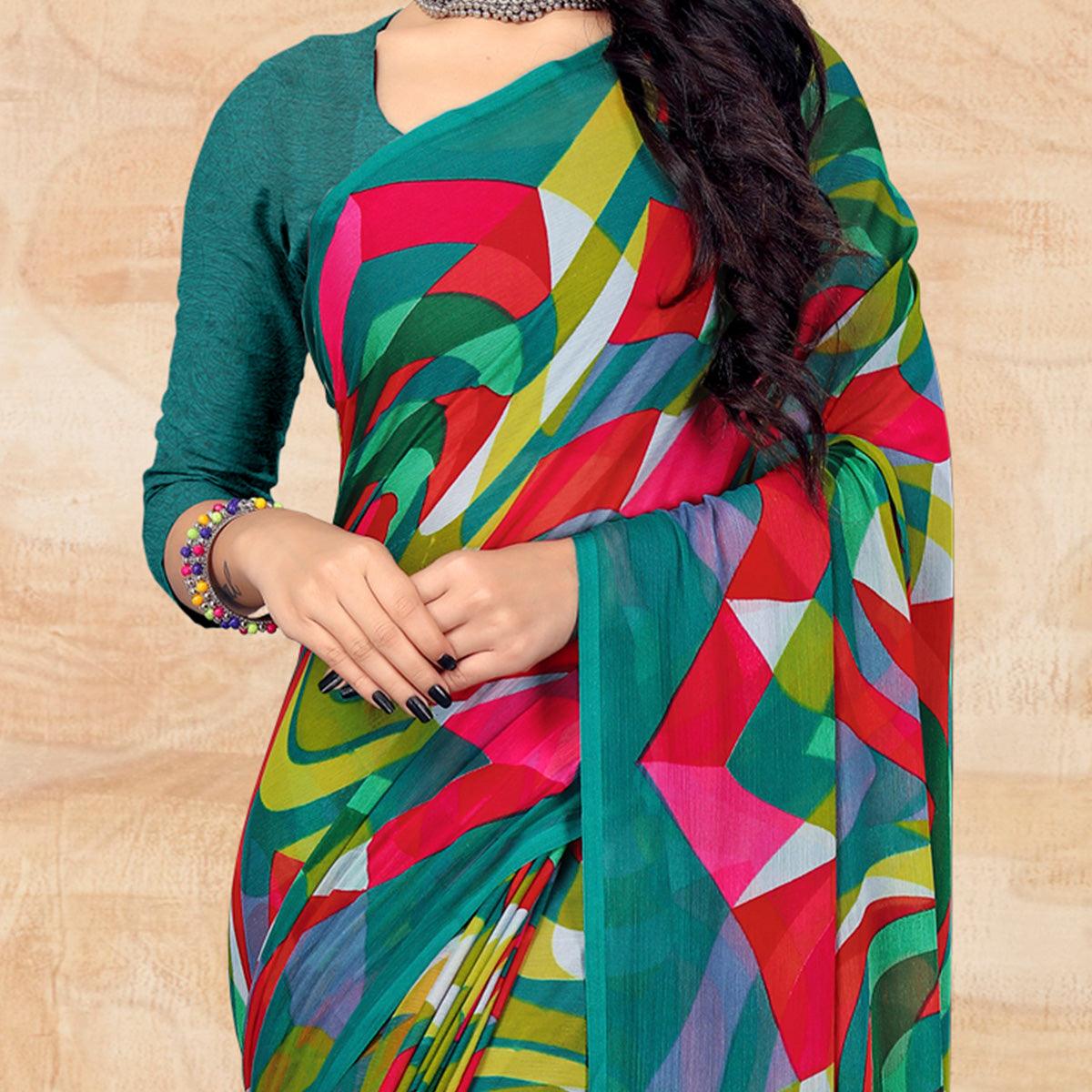 Sea Green Casual Wear Abstract Printed Chiffon Saree - Peachmode