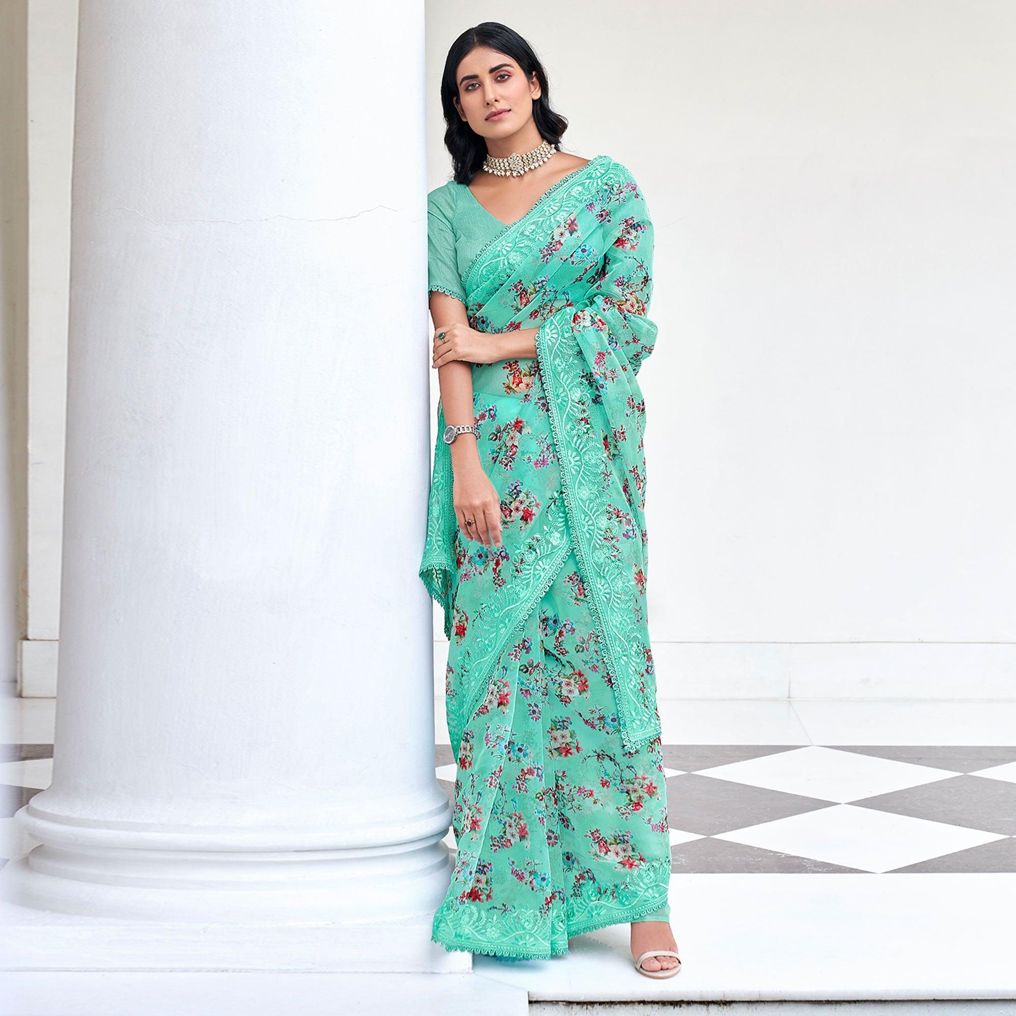 Sea Green Casual Wear Digital Printed Organza Saree - Peachmode