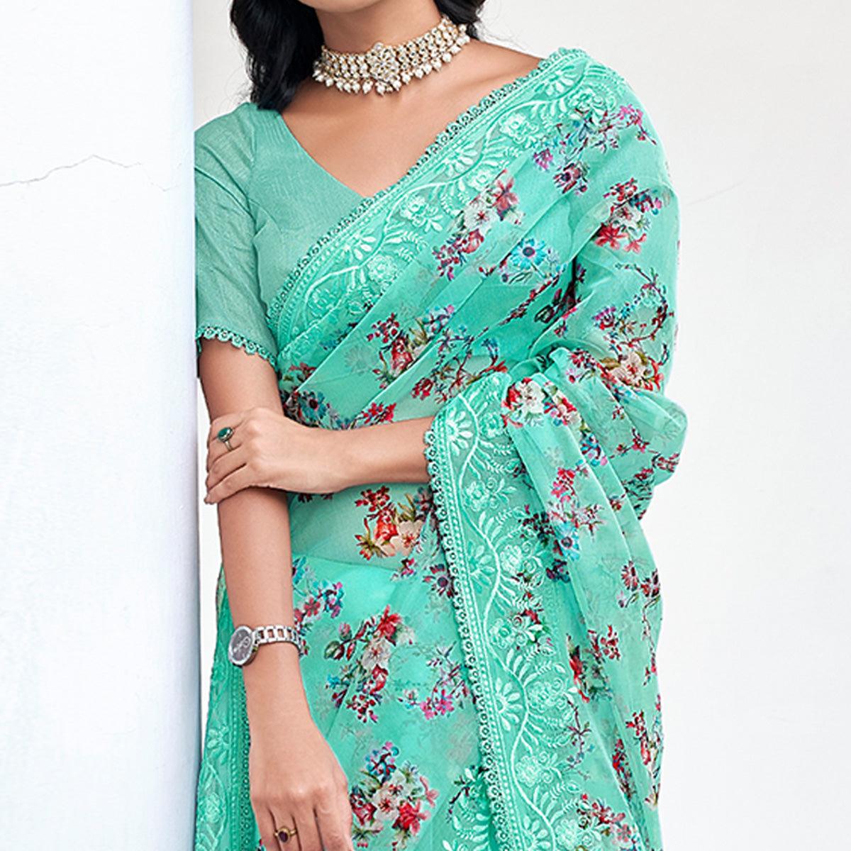 Sea Green Casual Wear Digital Printed Organza Saree - Peachmode