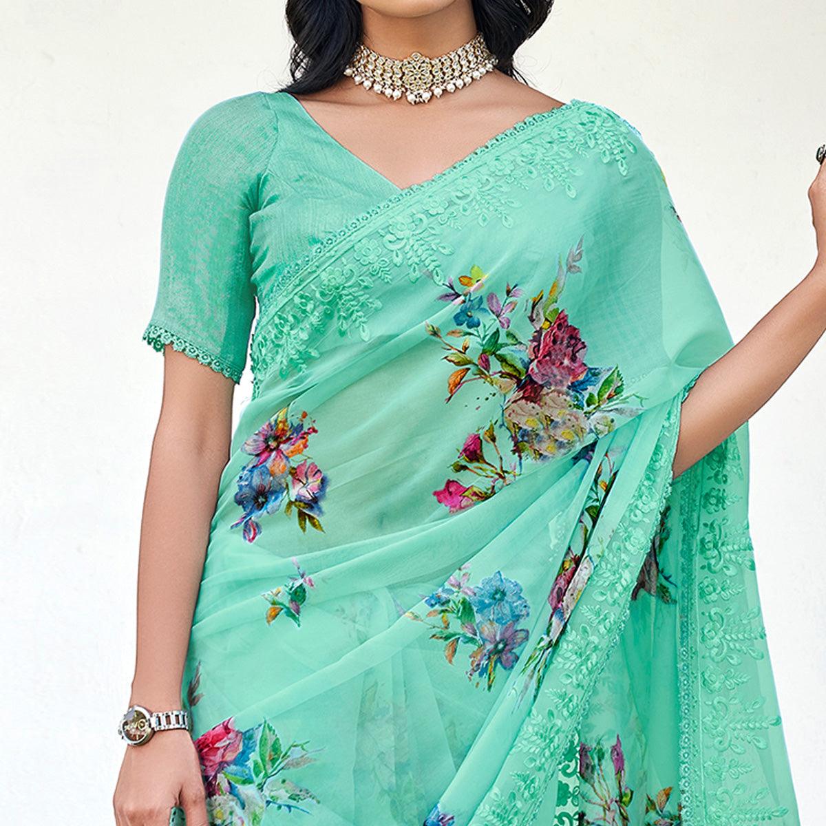 Sea Green Casual Wear Digital Printed Organza Saree - Peachmode