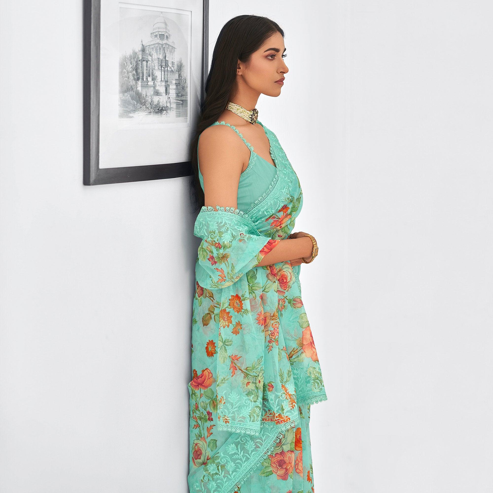 Sea Green Casual Wear Digital Printed Organza Saree - Peachmode