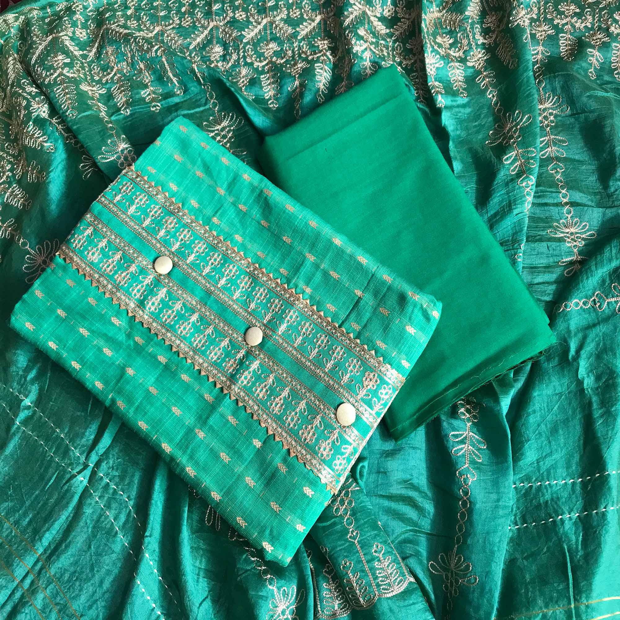 Sea Green Casual Wear Embroidered Cotton Dress Material - Peachmode