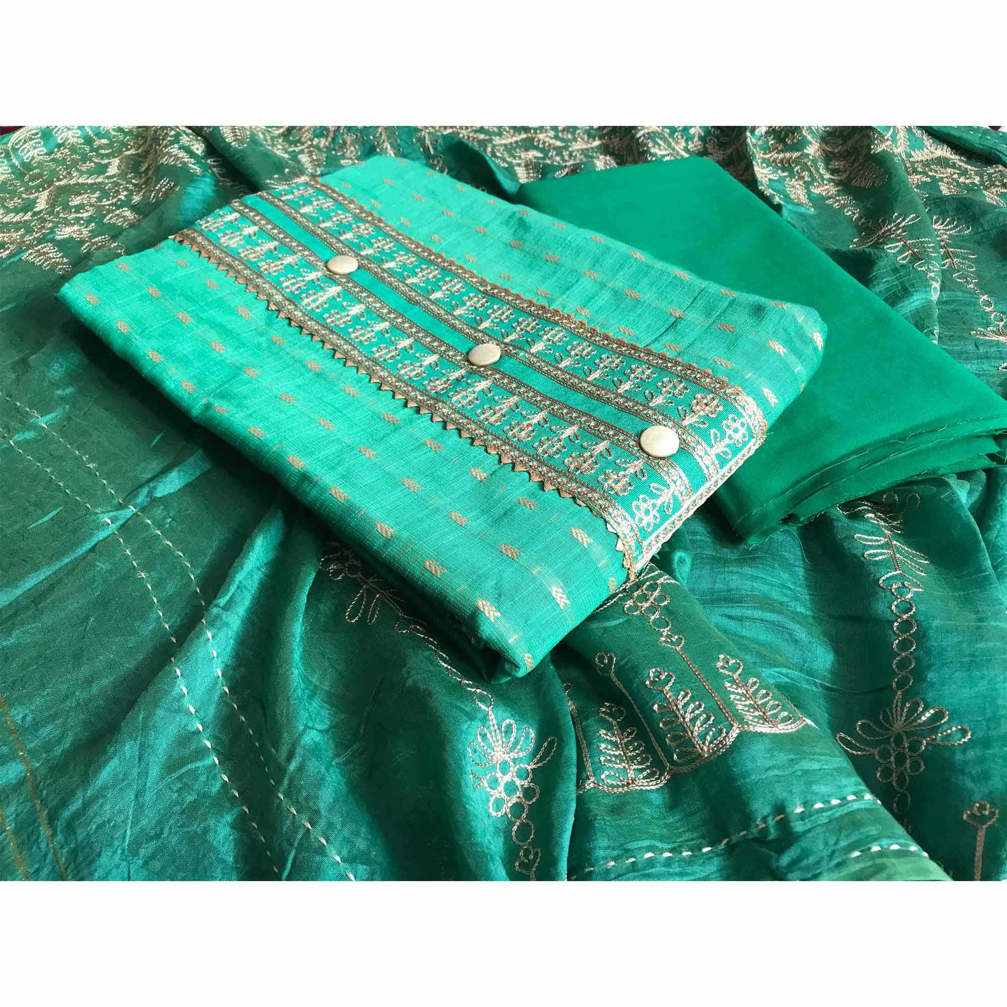 Sea Green Casual Wear Embroidered Cotton Dress Material - Peachmode