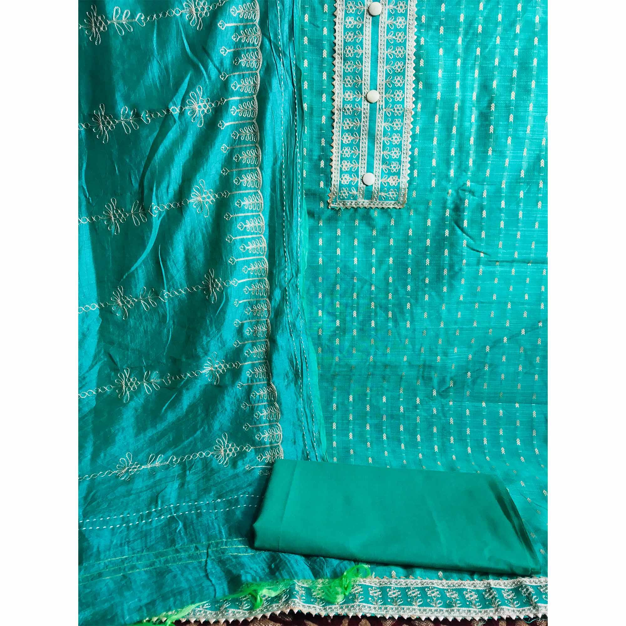 Sea Green Casual Wear Embroidered Cotton Dress Material - Peachmode