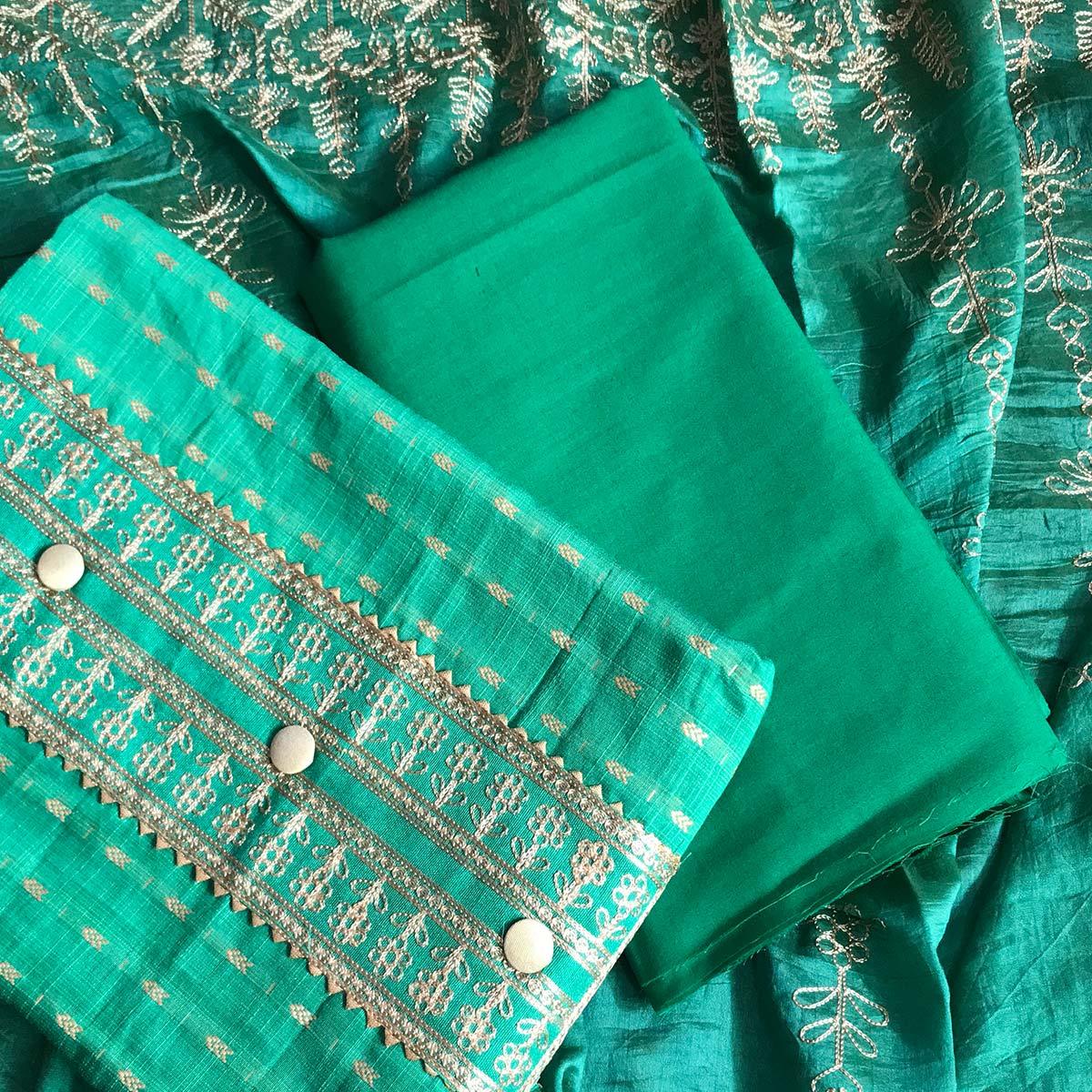 Sea Green Casual Wear Embroidered Cotton Dress Material - Peachmode