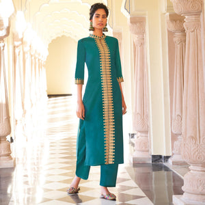 Sea Green Casual Wear Embroidered Pure Viscose Santoon Palazzo Suit - Peachmode