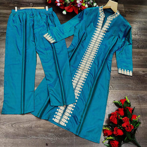 Sea Green Casual Wear Embroidered Pure Viscose Santoon Palazzo Suit - Peachmode