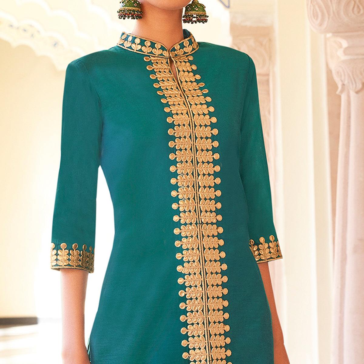 Sea Green Casual Wear Embroidered Pure Viscose Santoon Palazzo Suit - Peachmode