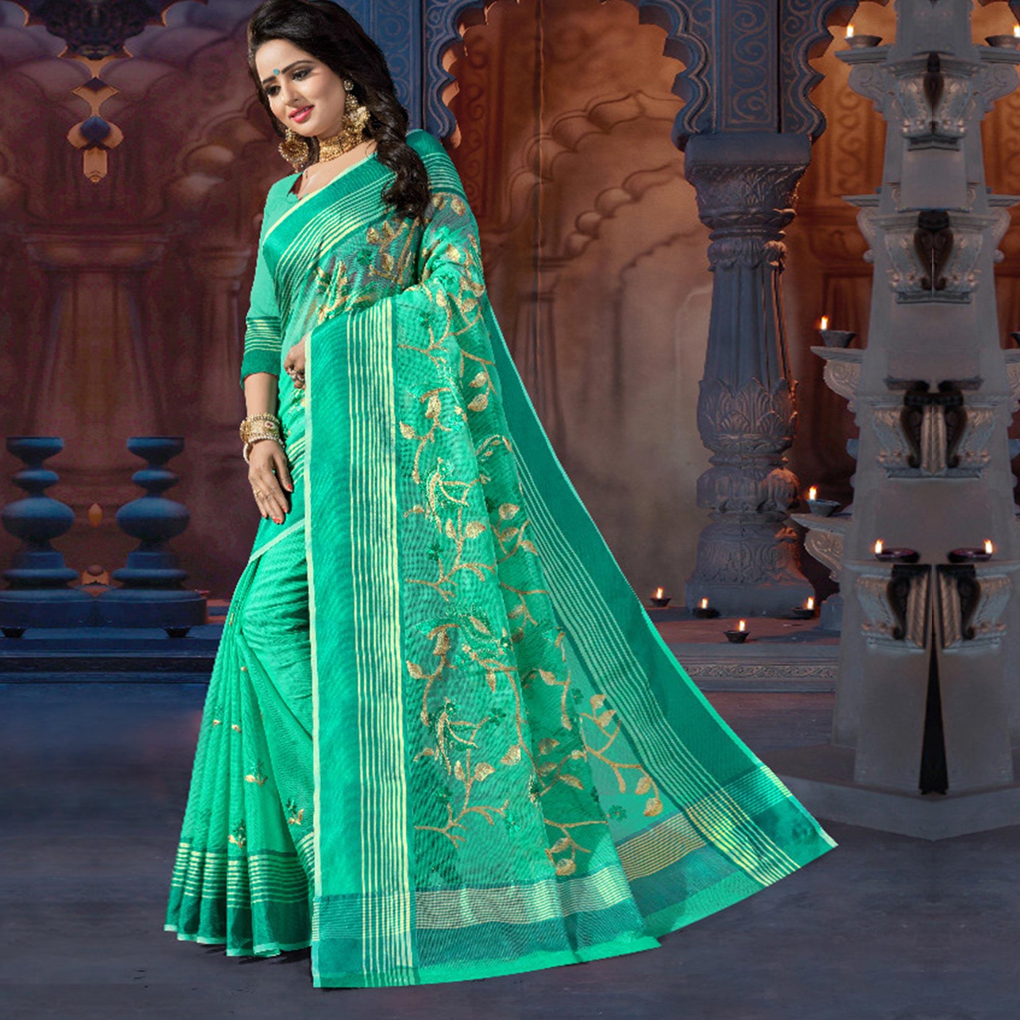 Sea Green Casual Wear Embroidered Supernet Saree - Peachmode