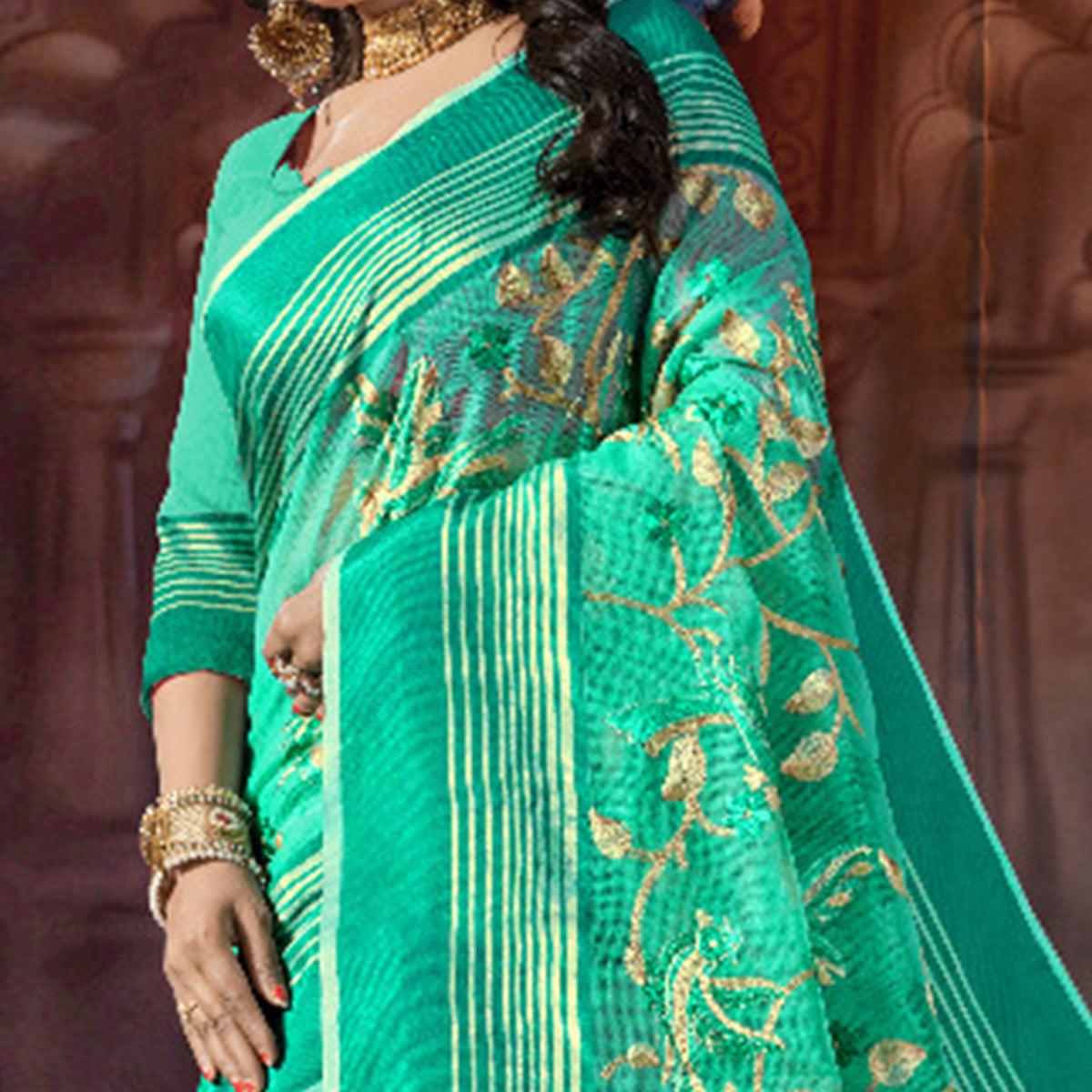 Sea Green Casual Wear Embroidered Supernet Saree - Peachmode