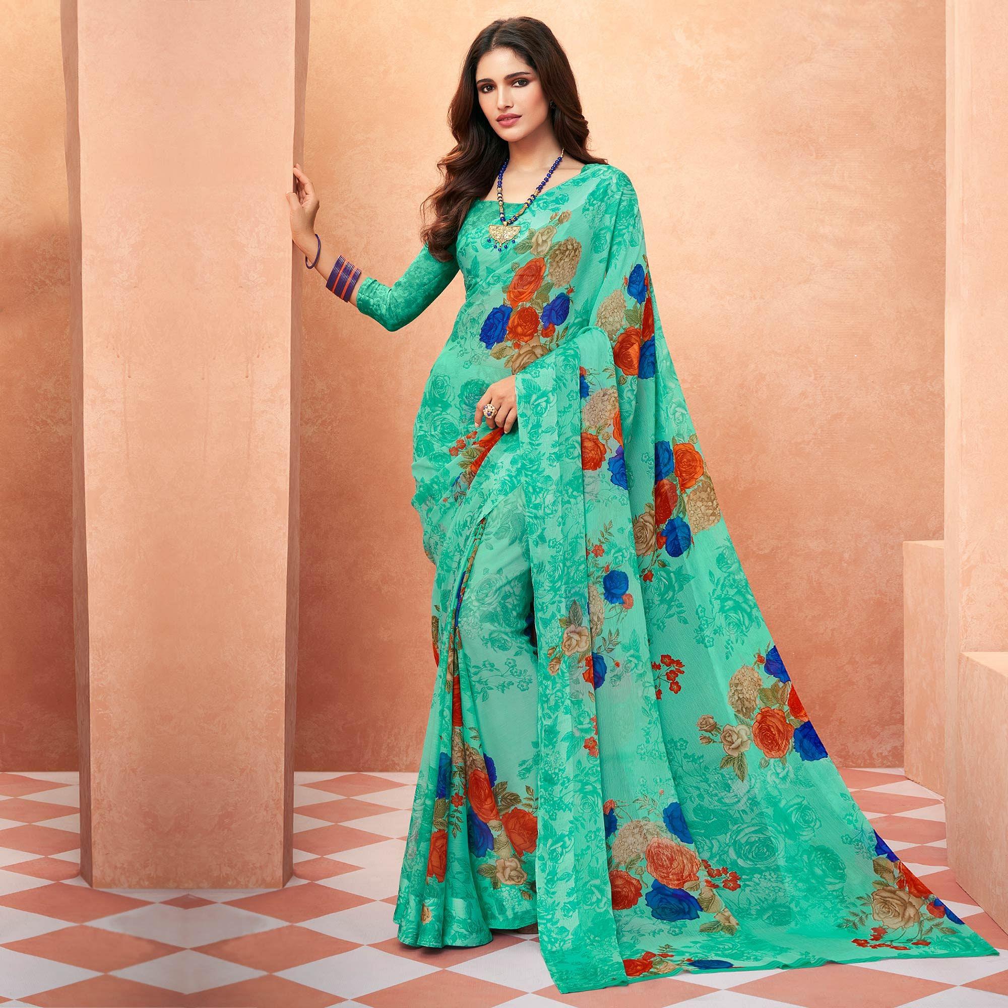 Sea Green Casual Wear Floral Printed Chiffon Saree - Peachmode