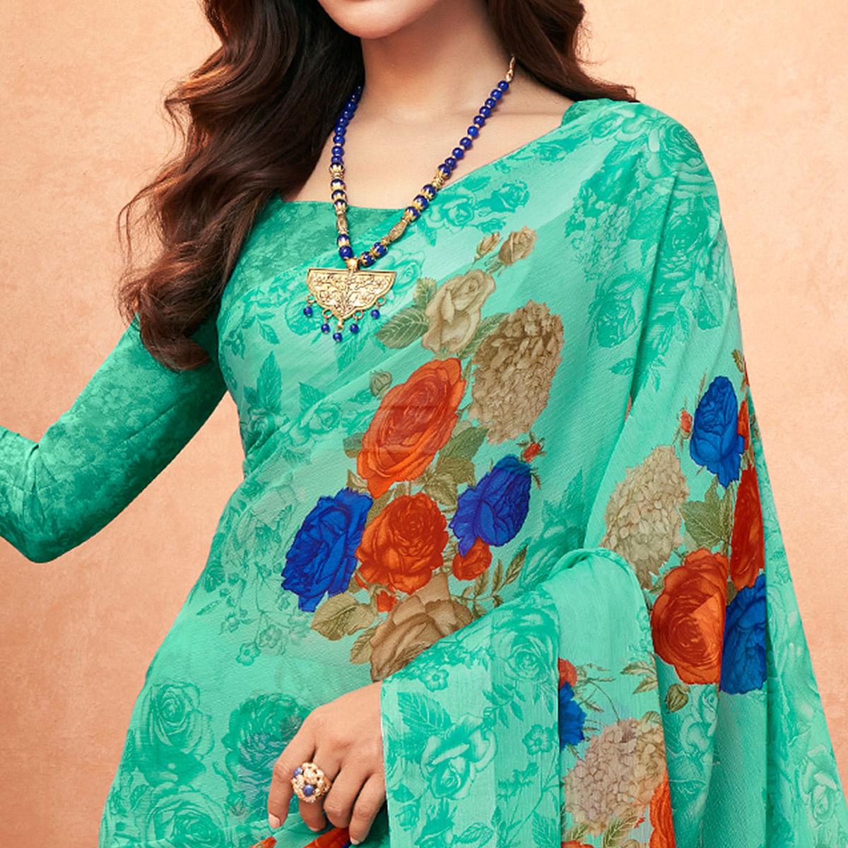 Sea Green Casual Wear Floral Printed Chiffon Saree - Peachmode
