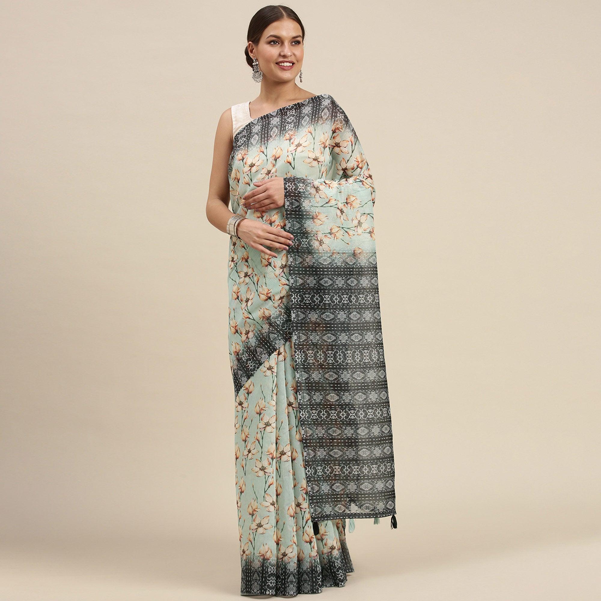 Sea Green Casual Wear Floral Printed Cotton Blend Saree With Tassels - Peachmode