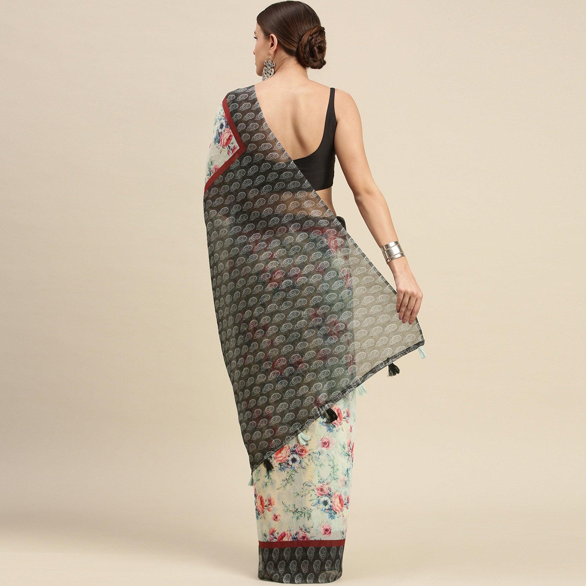 Sea Green Casual Wear Floral Printed Cotton Blend Saree With Tassels - Peachmode