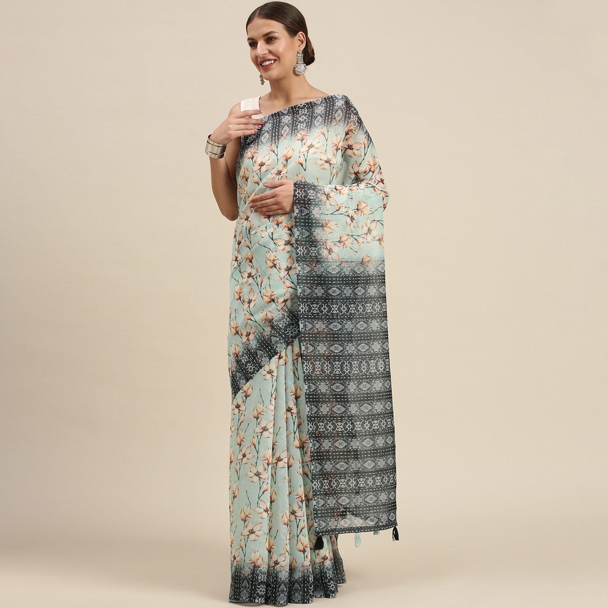 Sea Green Casual Wear Floral Printed Cotton Blend Saree With Tassels - Peachmode
