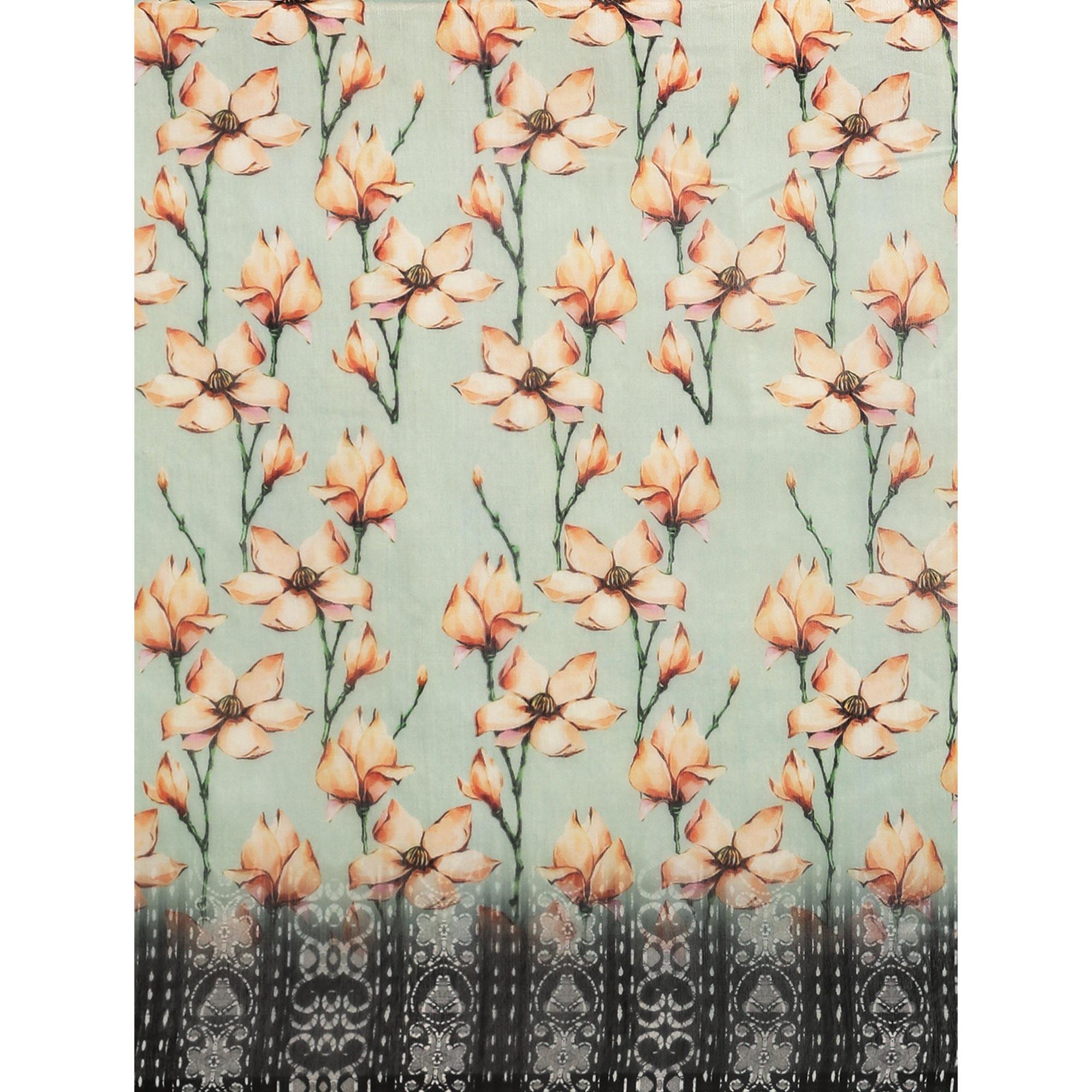 Sea Green Casual Wear Floral Printed Cotton Blend Saree With Tassels - Peachmode