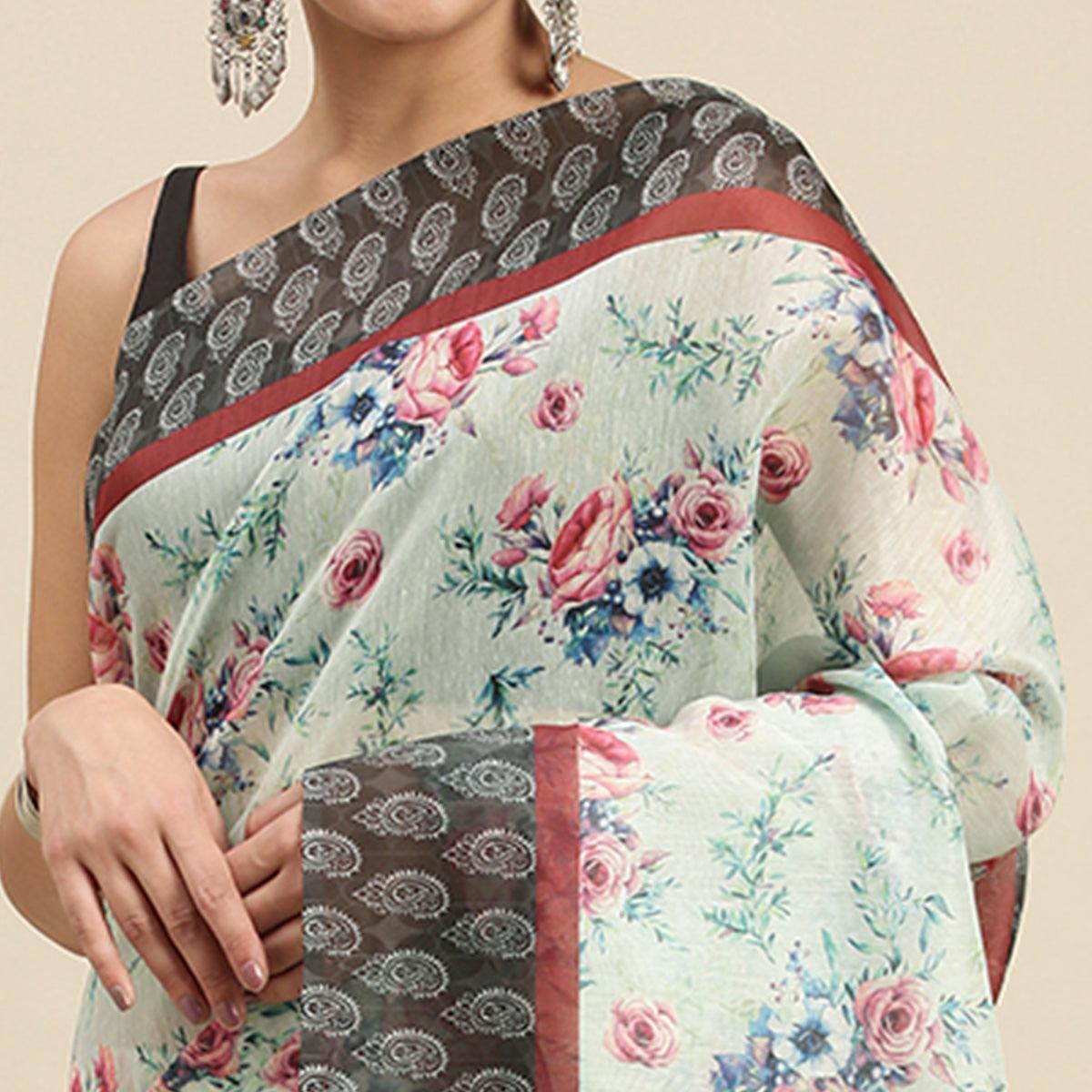 Sea Green Casual Wear Floral Printed Cotton Blend Saree With Tassels - Peachmode