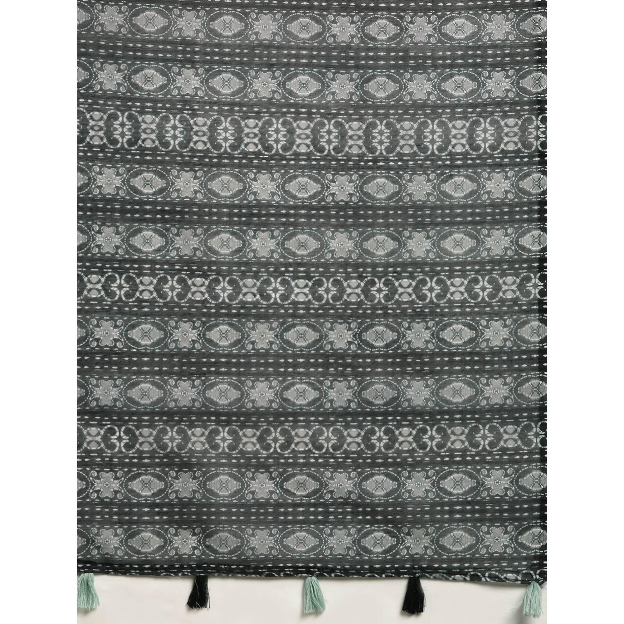 Sea Green Casual Wear Floral Printed Cotton Blend Saree With Tassels - Peachmode