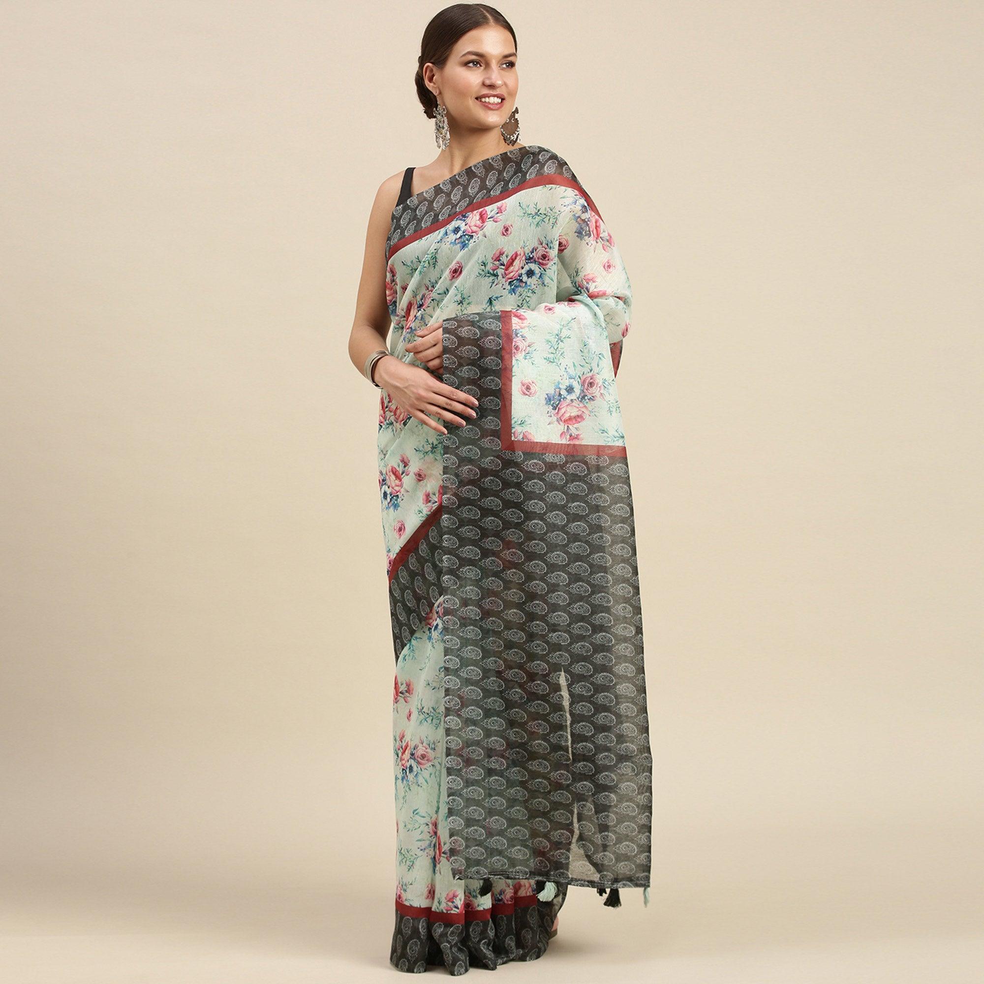 Sea Green Casual Wear Floral Printed Cotton Blend Saree With Tassels - Peachmode