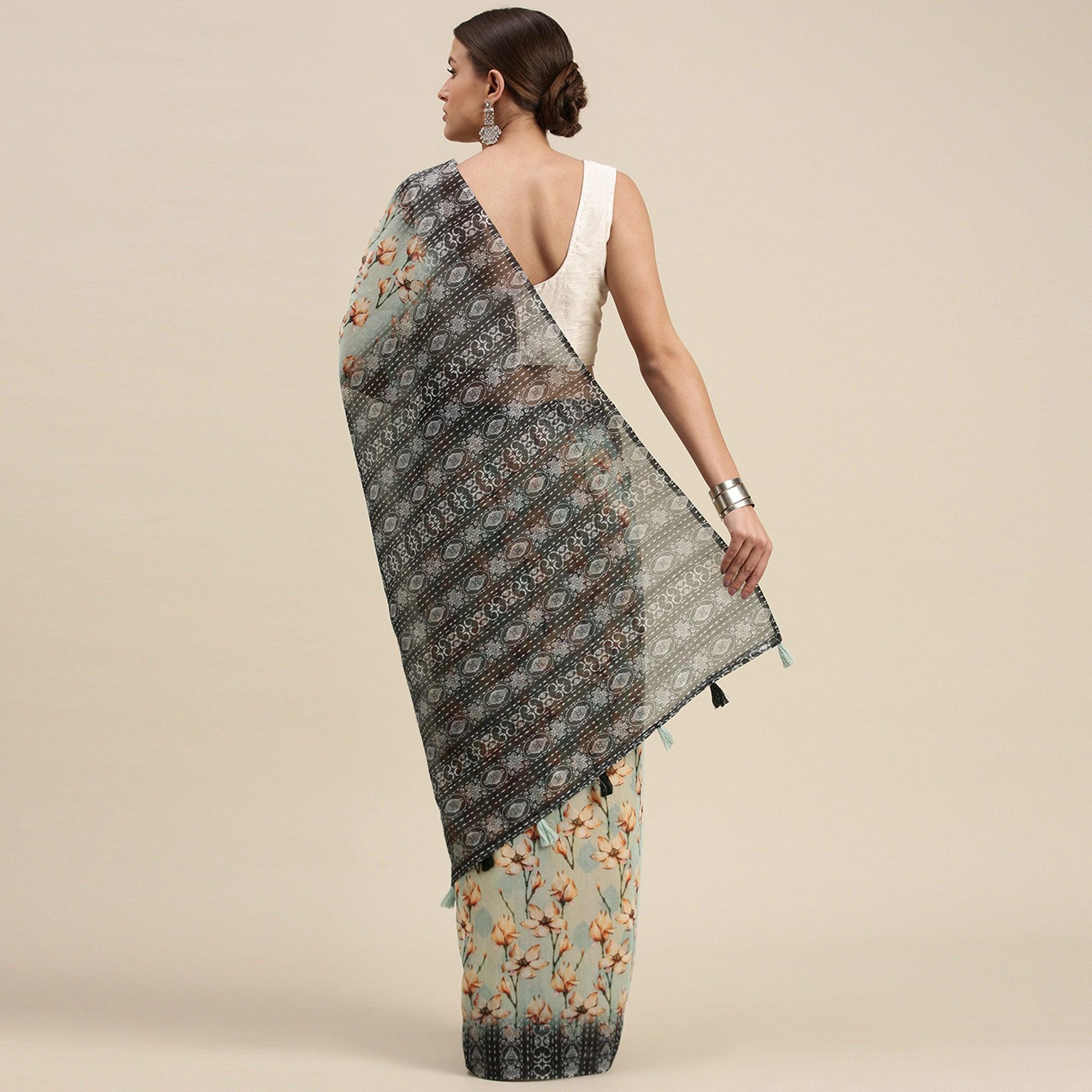 Sea Green Casual Wear Floral Printed Cotton Blend Saree With Tassels - Peachmode