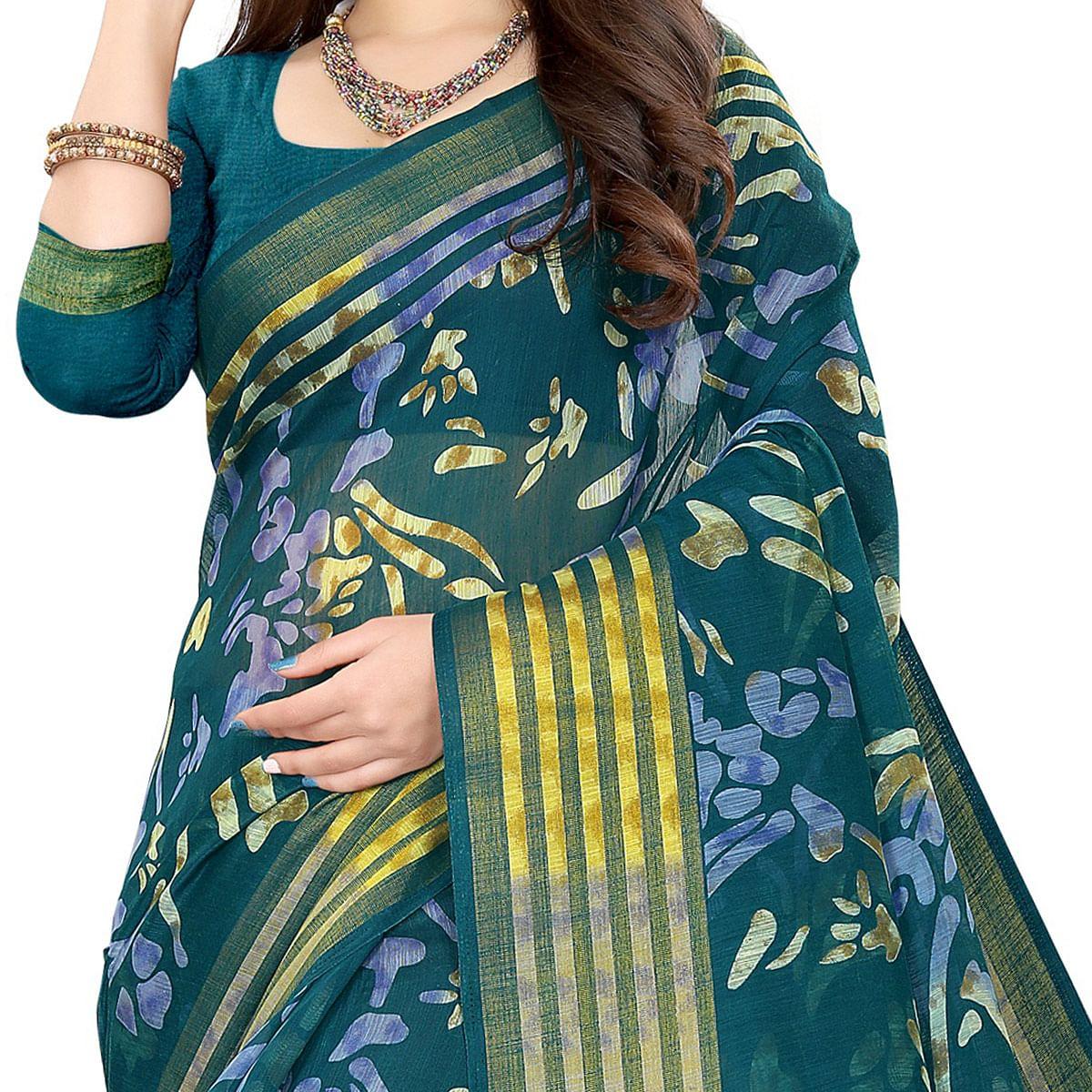 Sea Green Casual Wear Floral Printed Cotton Linen Saree - Peachmode