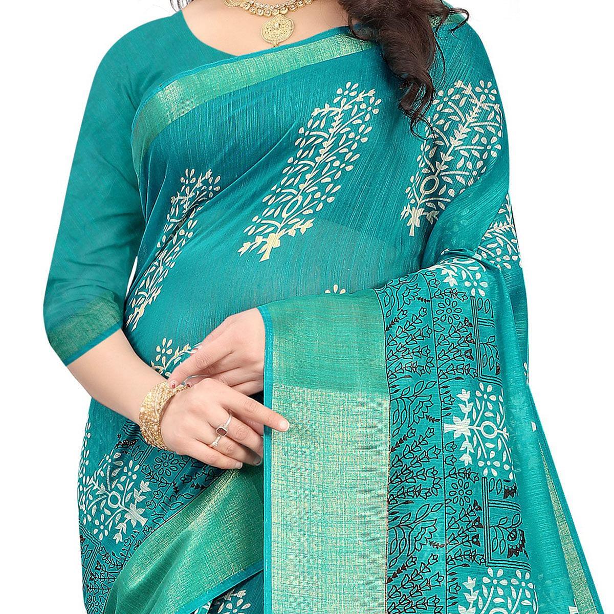 Sea Green Casual Wear Floral Printed Cotton Linen Saree - Peachmode