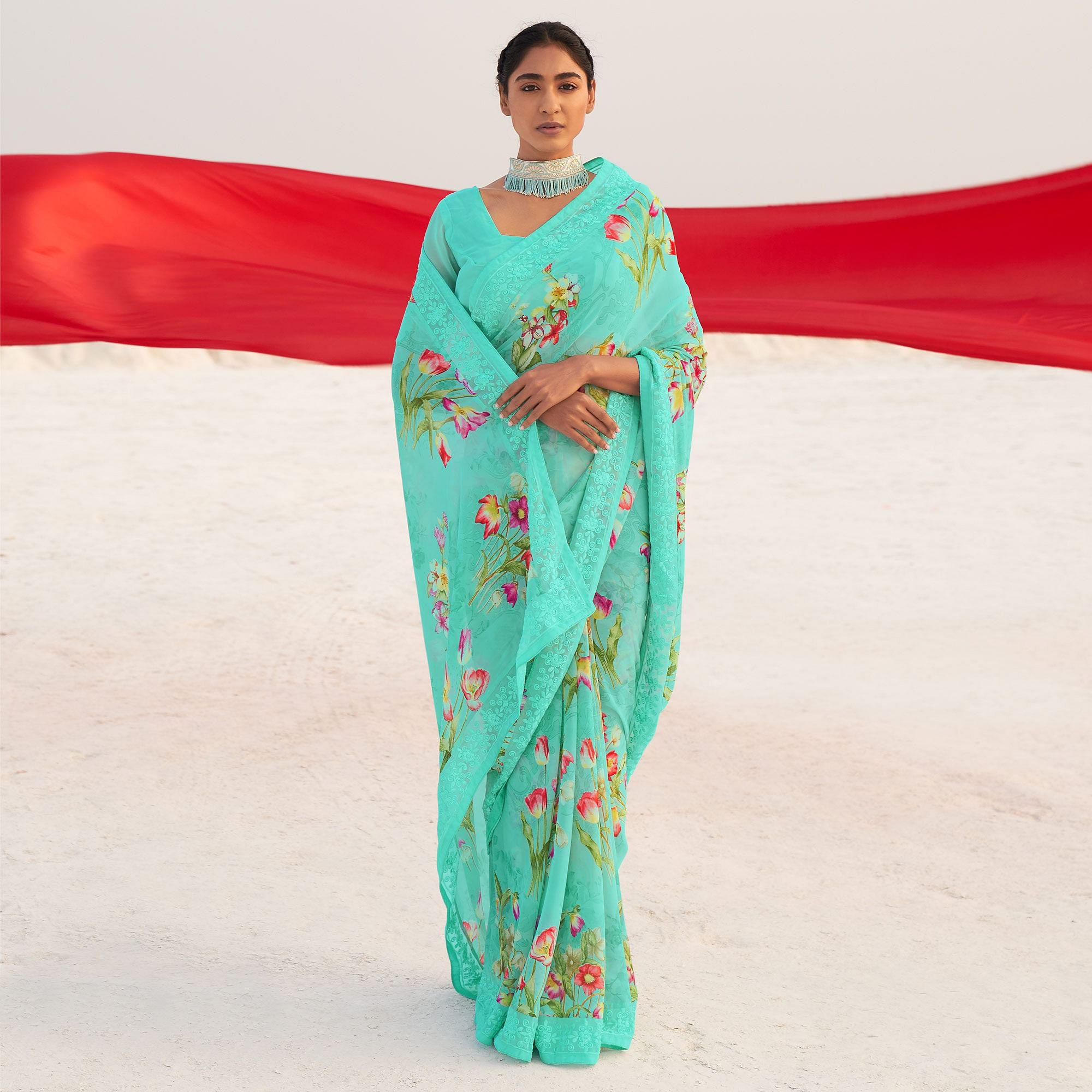 Sea Green Casual Wear Floral Printed Georgette Saree - Peachmode