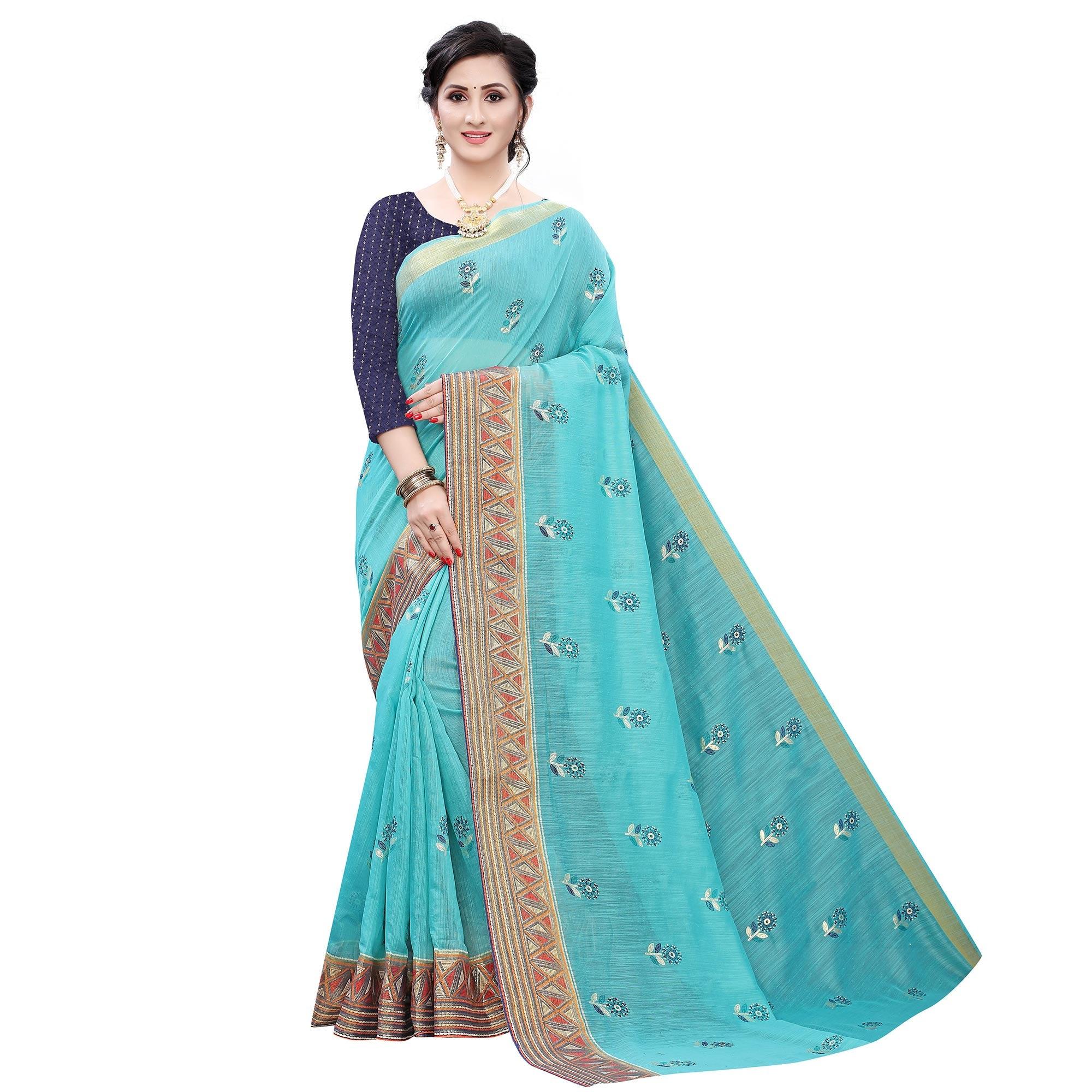 Sea Green Casual Wear Foil Printed Cotton Silk Saree - Peachmode