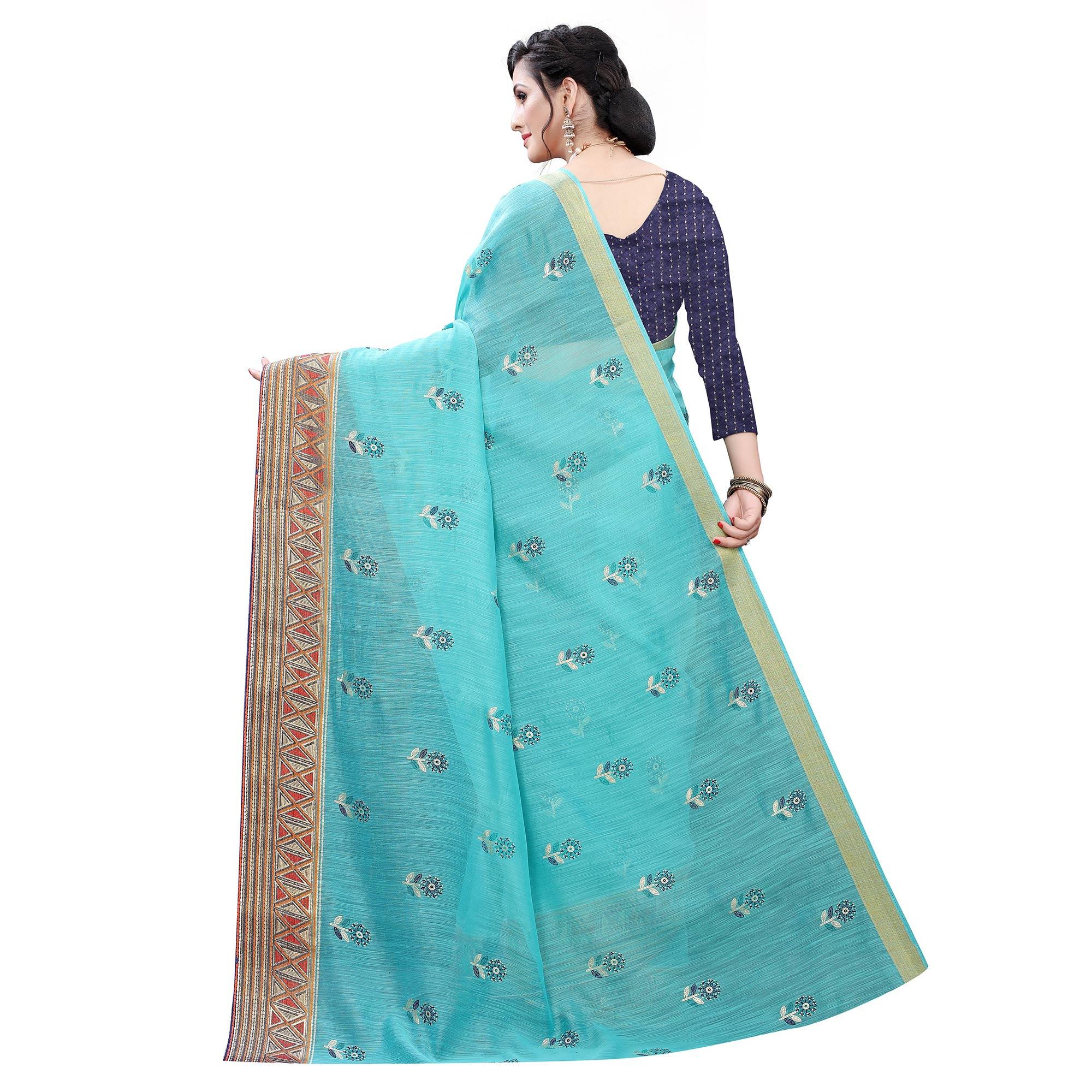 Sea Green Casual Wear Foil Printed Cotton Silk Saree - Peachmode