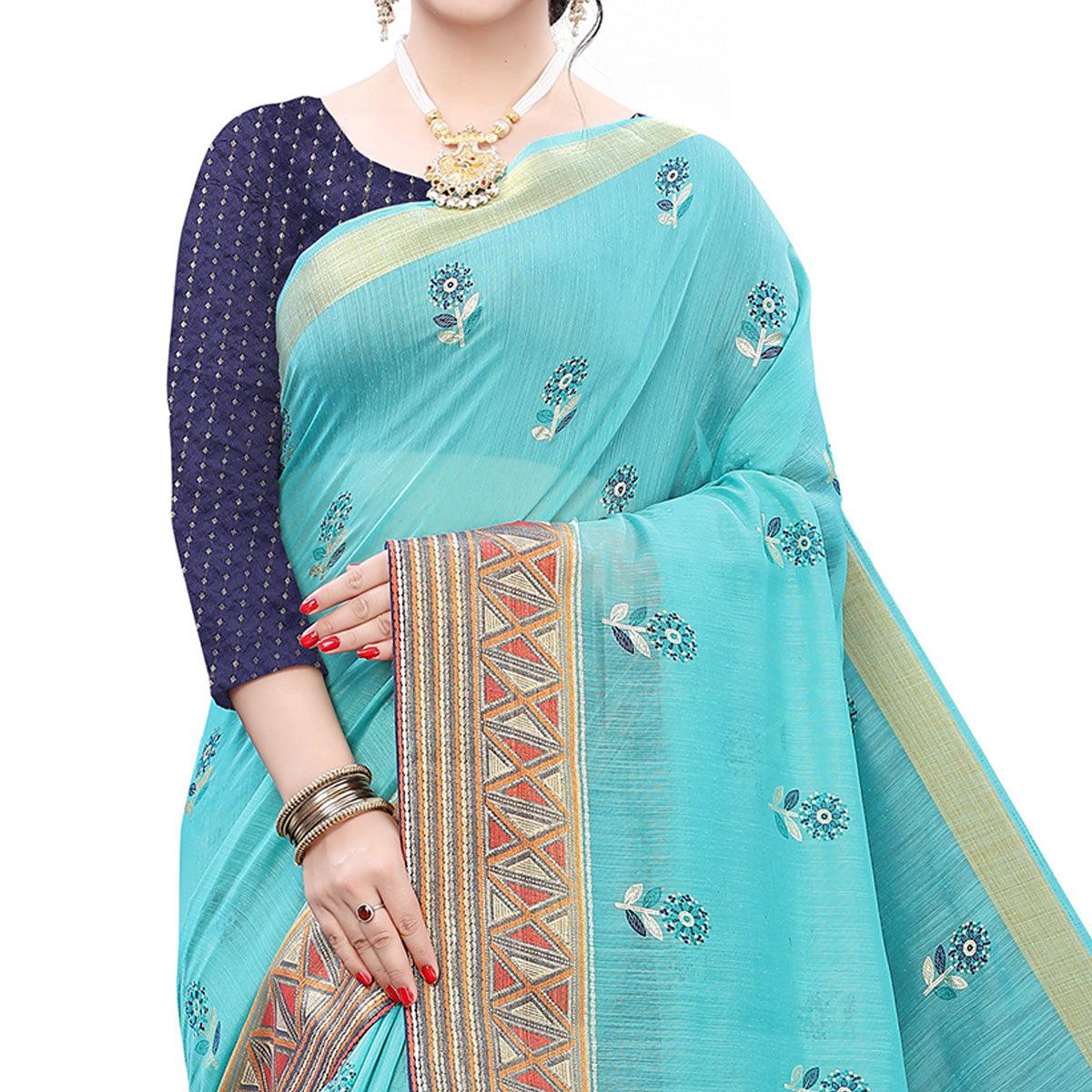 Sea Green Casual Wear Foil Printed Cotton Silk Saree - Peachmode