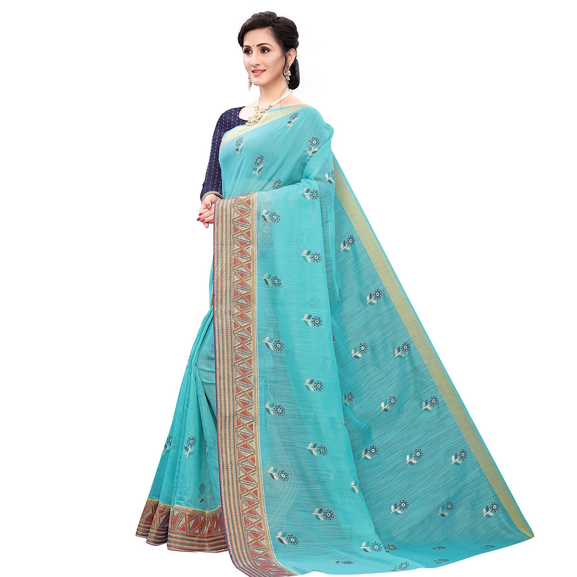 Sea Green Casual Wear Foil Printed Cotton Silk Saree - Peachmode